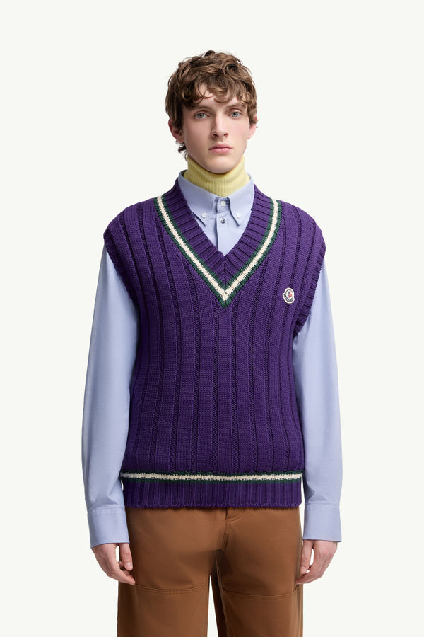 Wool & Cotton V-Neck Gilet Men Purple Moncler 3