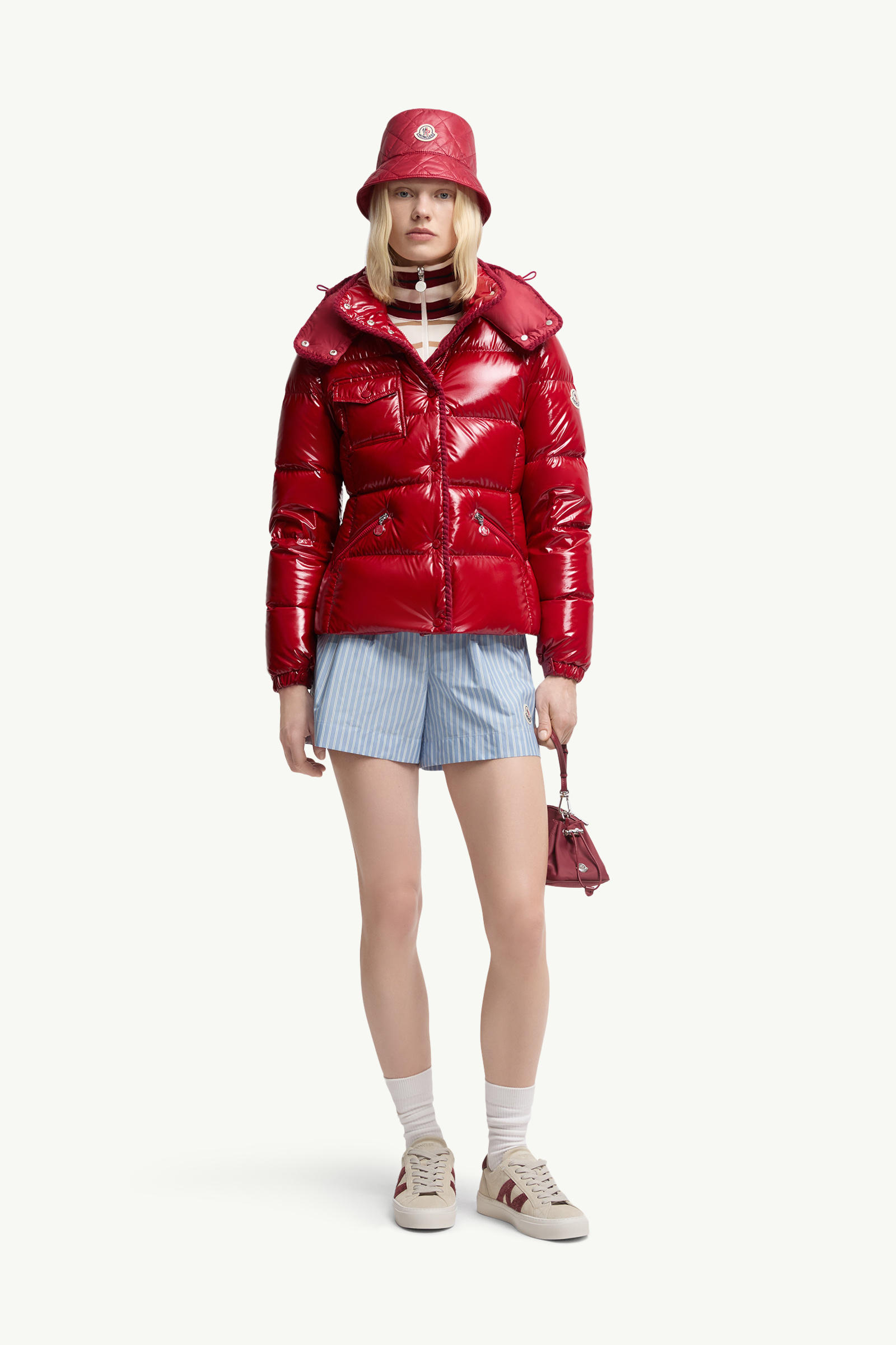 Glareins kurze Daunenjacke mit Kapuze und geflochtenem Besatz Damen Rot Moncler 0