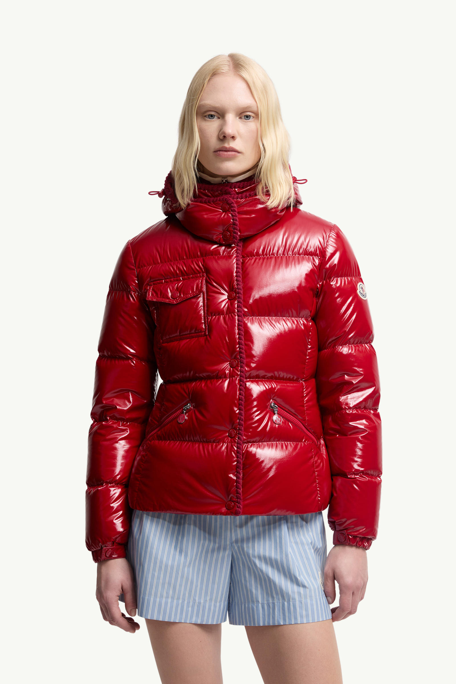 Glareins kurze Daunenjacke mit Kapuze und geflochtenem Besatz Damen Rot Moncler 3