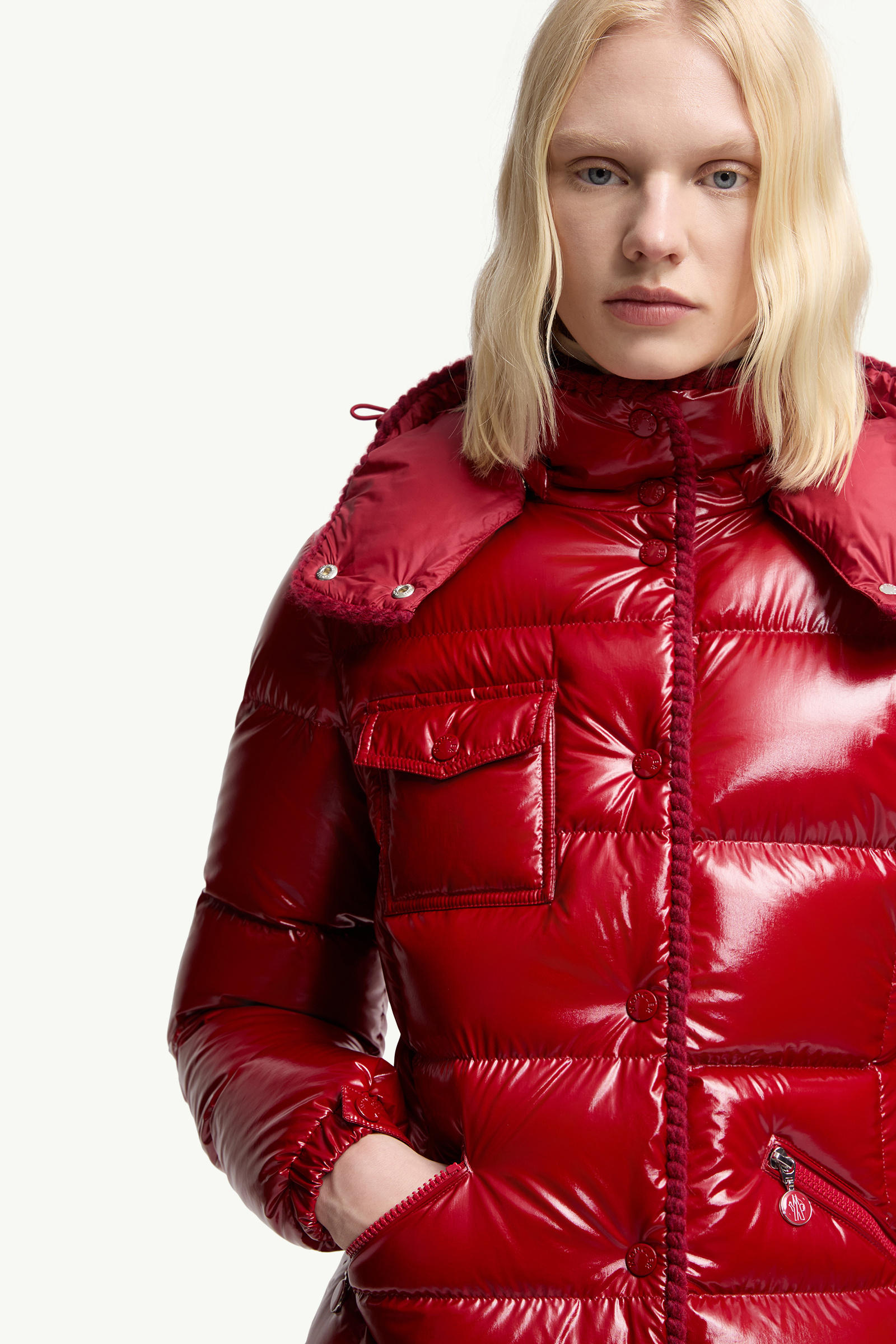 Glareins kurze Daunenjacke mit Kapuze und geflochtenem Besatz Damen Rot Moncler 6