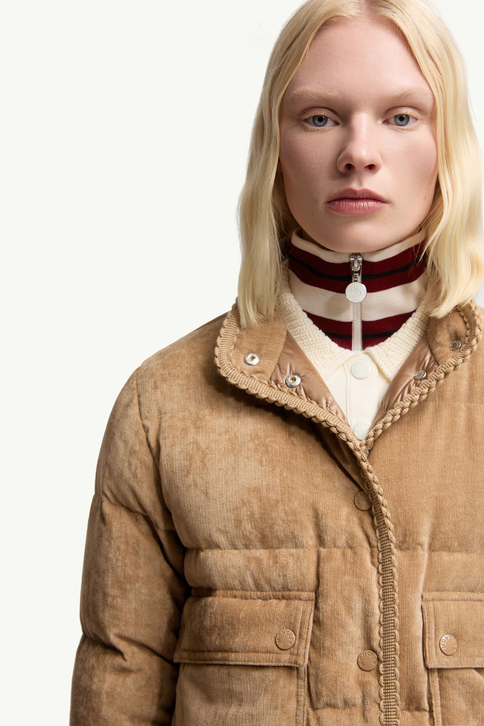 Essarts Braided Trim Corduroy Short Down Jacket Women Beige Moncler 5