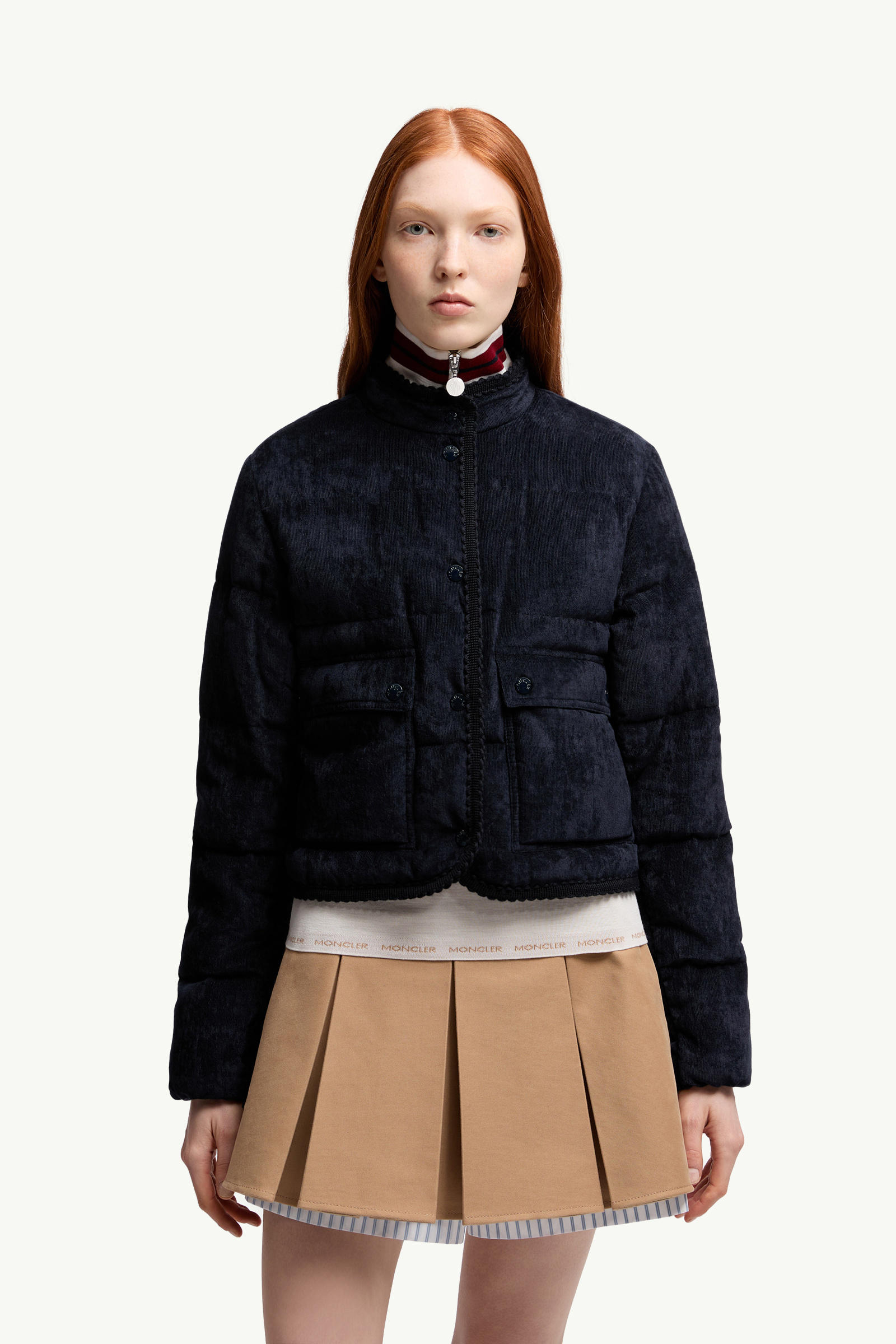 Essarts Braided Trim Corduroy Short Down Jacket Women Blue Moncler 3