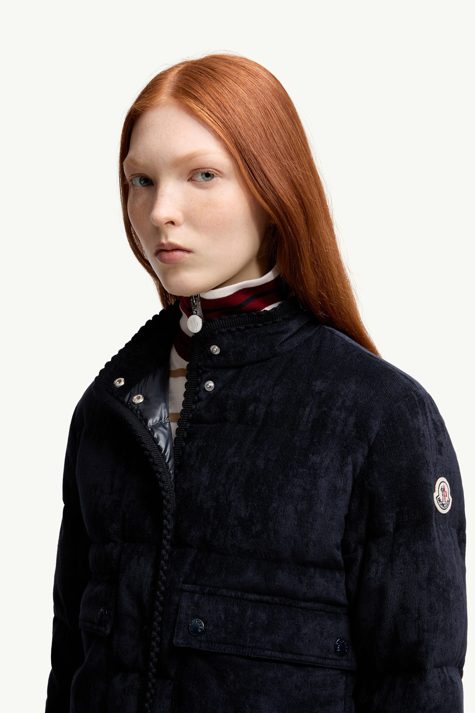 Essarts Braided Trim Corduroy Short Down Jacket Women Blue Moncler 5