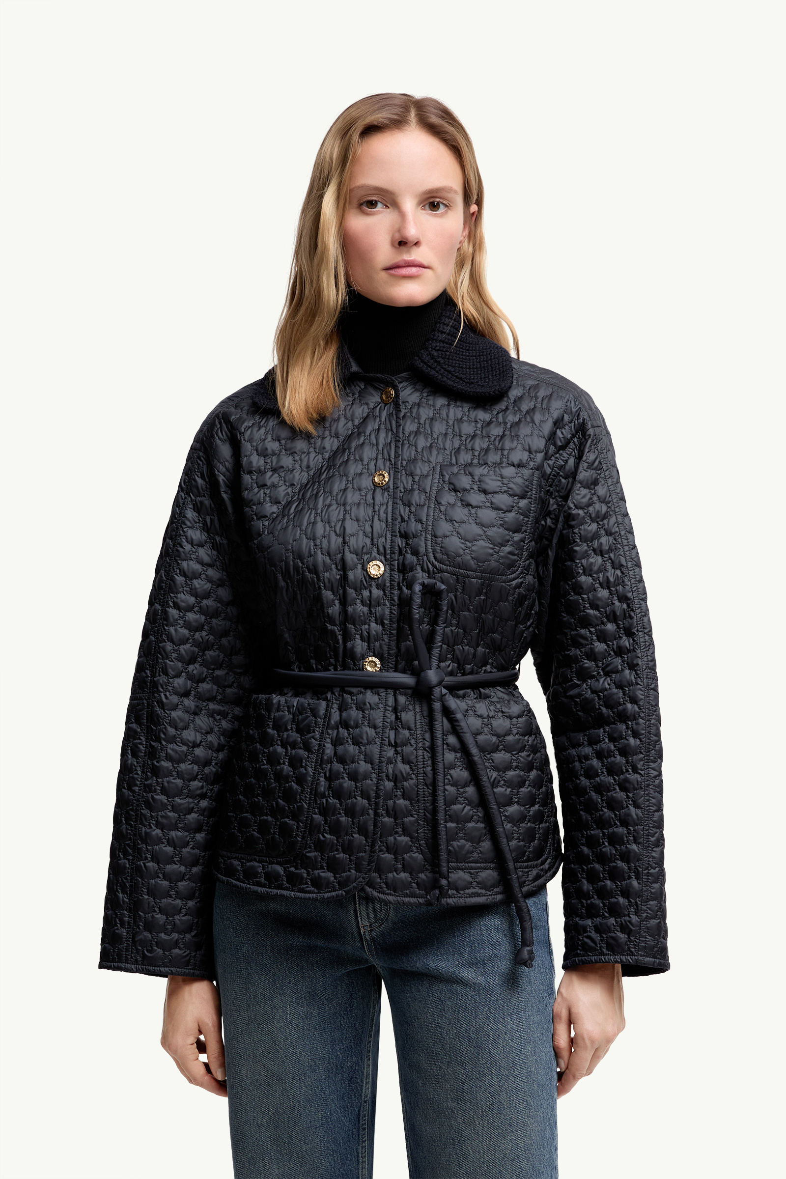 Raray Belted Short Down Jacket Women Navy Blue Moncler 3