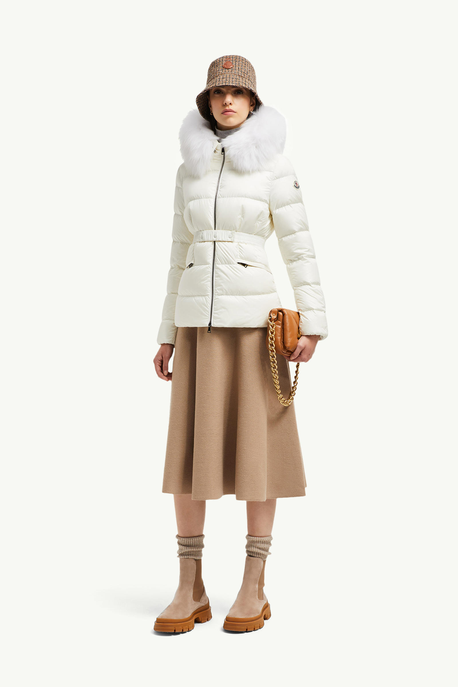 Piumino corto Boed con cappuccio e orlo in shearling Donna Bianco Moncler 0