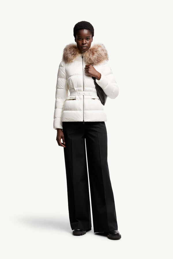 Plumífero corto con capucha y ribete de lana de oveja joven Boed Mujer Blanco Moncler 0
