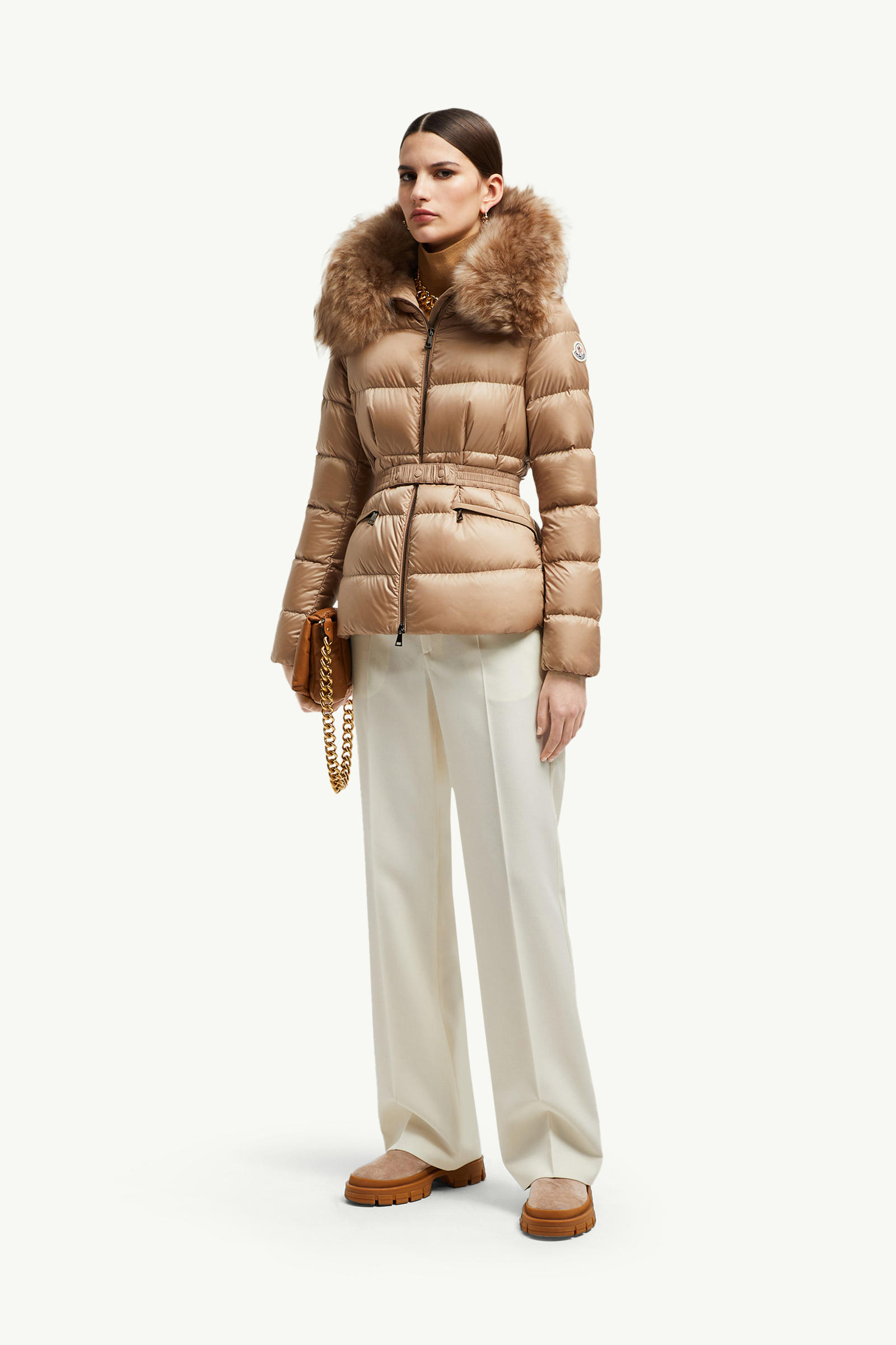 Boed女士连帽羊毛饰边短款羽绒夹克外套 女士 驼米色 Moncler 0
