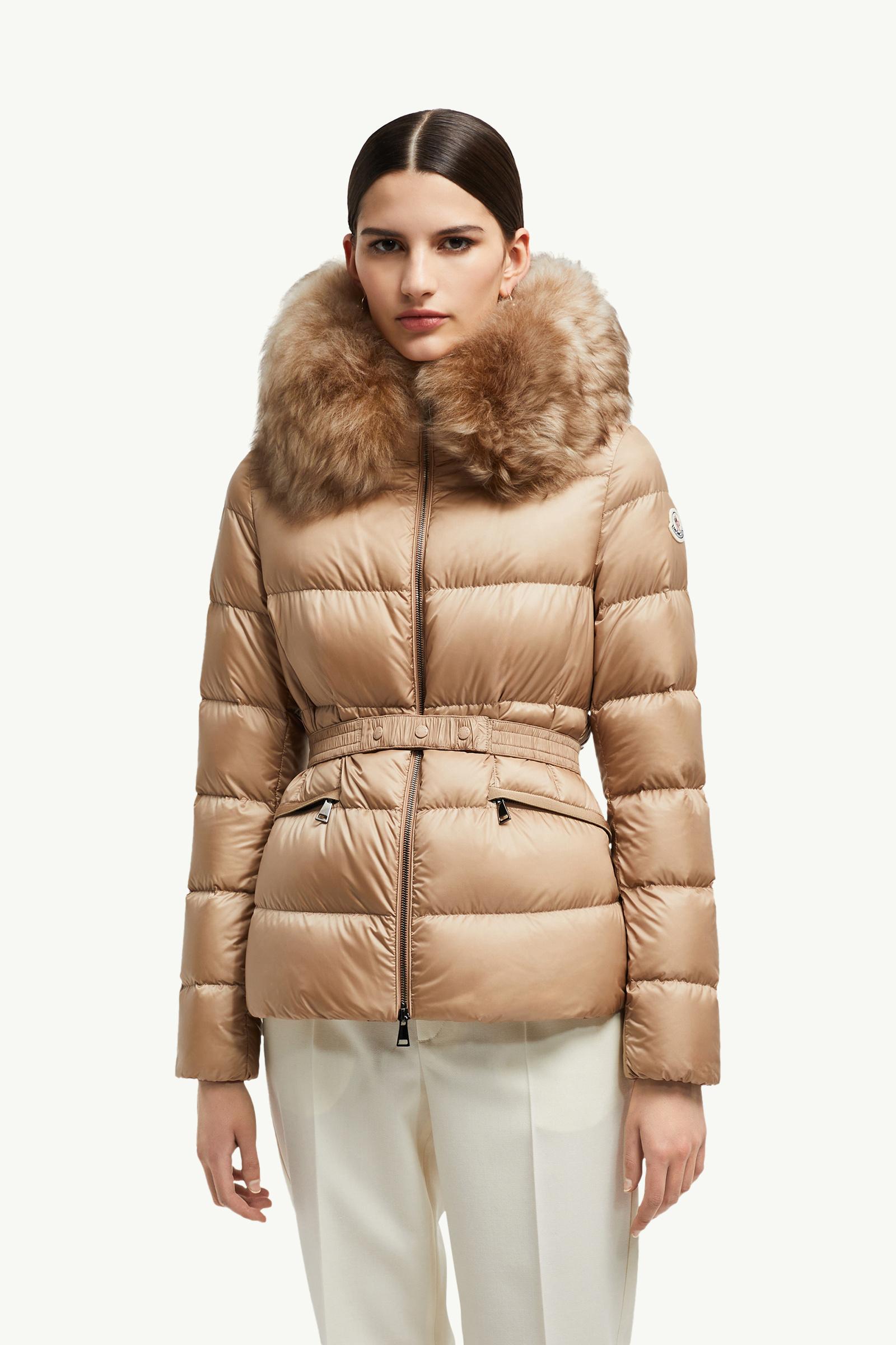 Camel Beige Boed Hooded Shearling-Trimmed Short Down Jacket