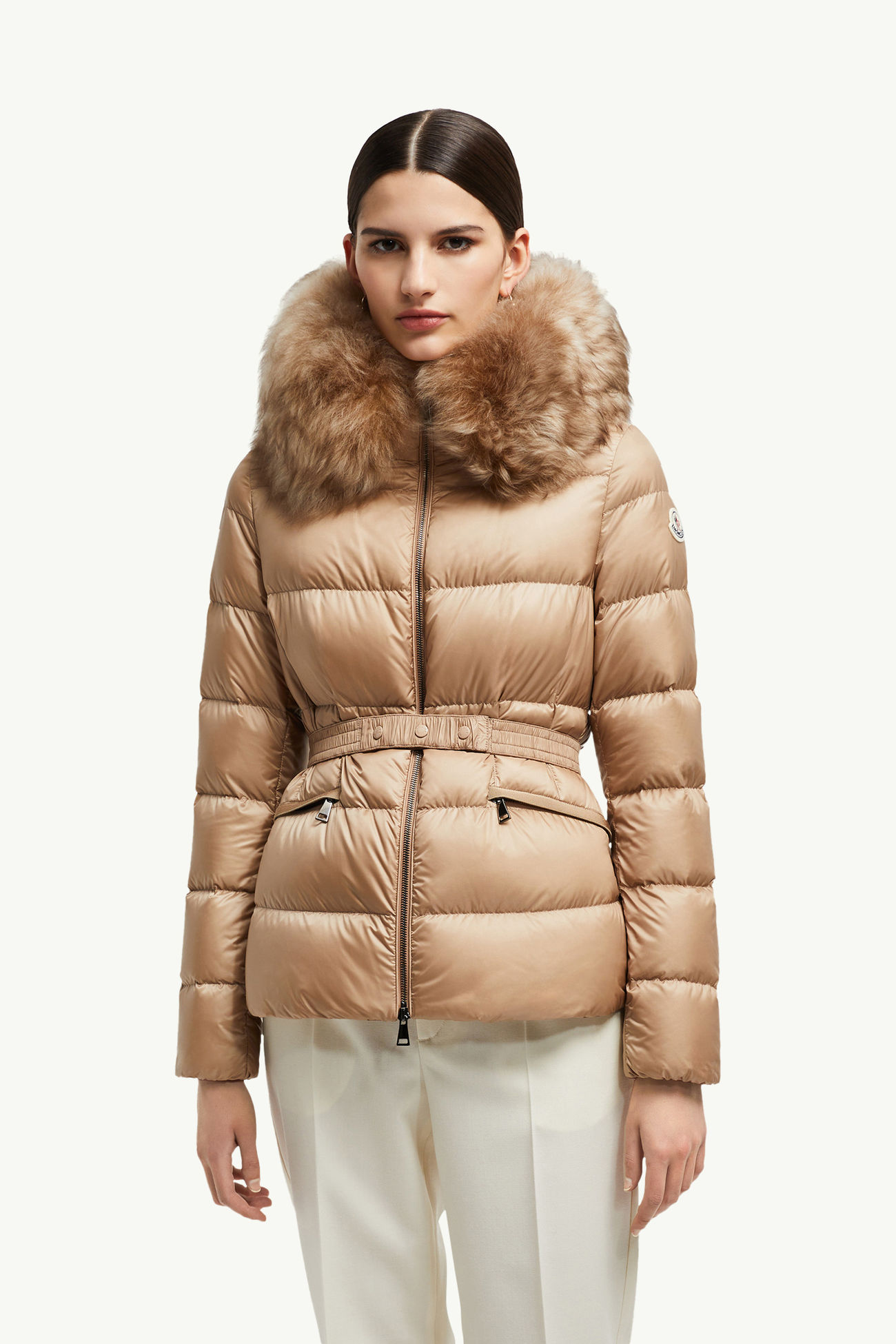 Boed連帽羔羊毛飾邊短身羽絨外套 女士 駱駝米色 Moncler 3