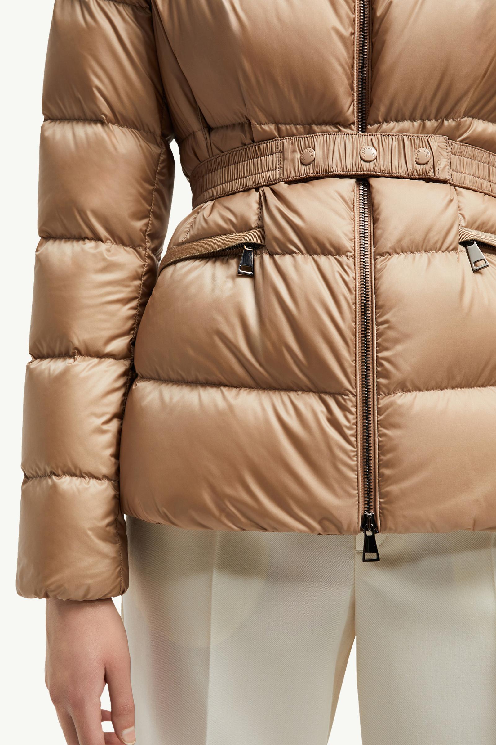 Camel Beige Boed Hooded Shearling-Trimmed Short Down Jacket