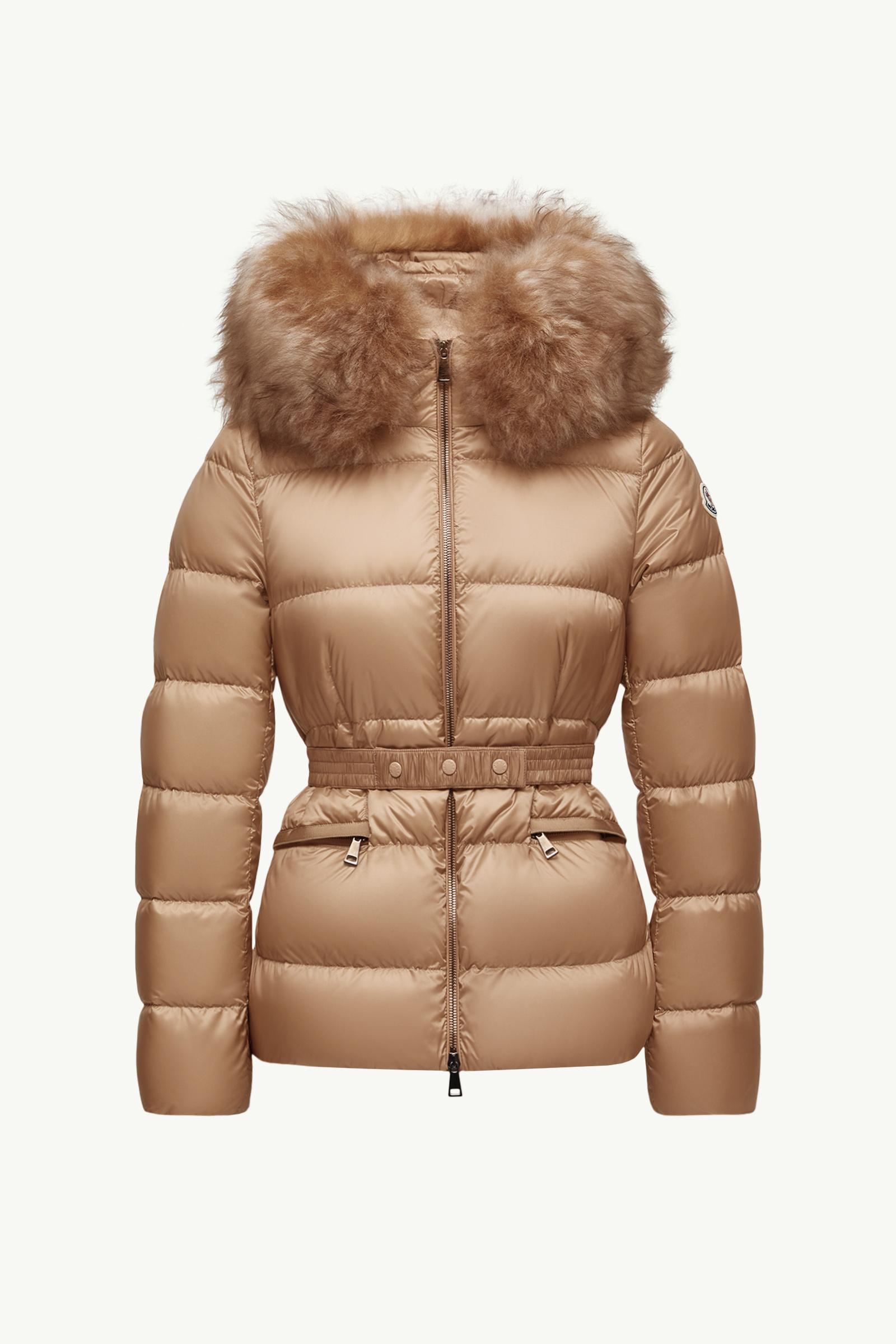 Camel Beige Boed Hooded Shearling-Trimmed Short Down Jacket