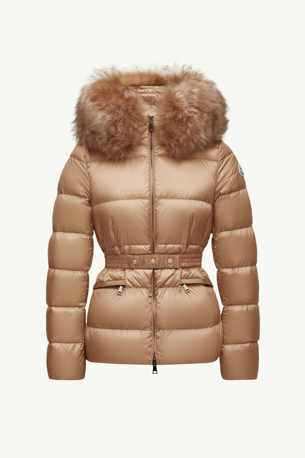 Boed Hooded Shearling-Trimmed Short Down Jacket Women Camel Beige Moncler 2