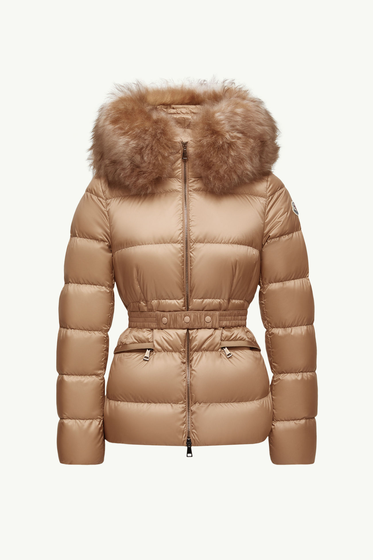 Plumífero corto con capucha y ribete de lana de oveja joven Boed Mujer Beige Camel Moncler 2