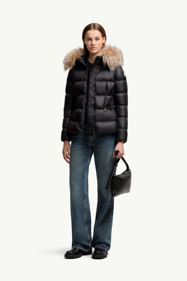 Boed kurze Daunenjacke mit Kapuze und Shearling-Besatz Damen Schwarz & Beige Moncler 0