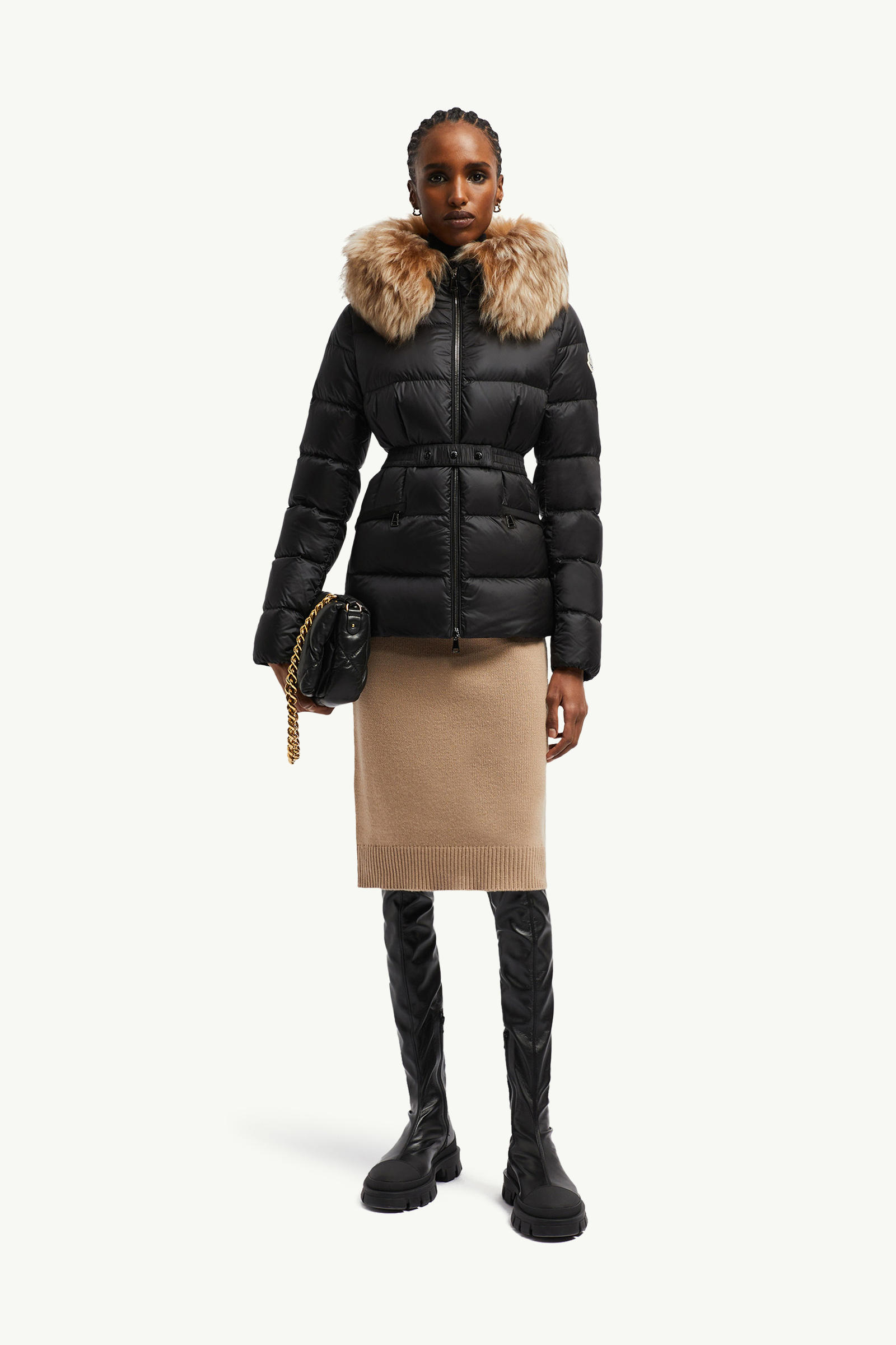 Doudoune courte à capuche bordée de shearling Boed Femmes Noir & Beige Moncler 0