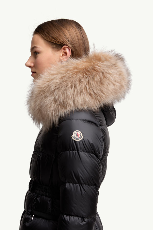 Boed kurze Daunenjacke mit Kapuze und Shearling-Besatz Damen Schwarz & Beige Moncler 1