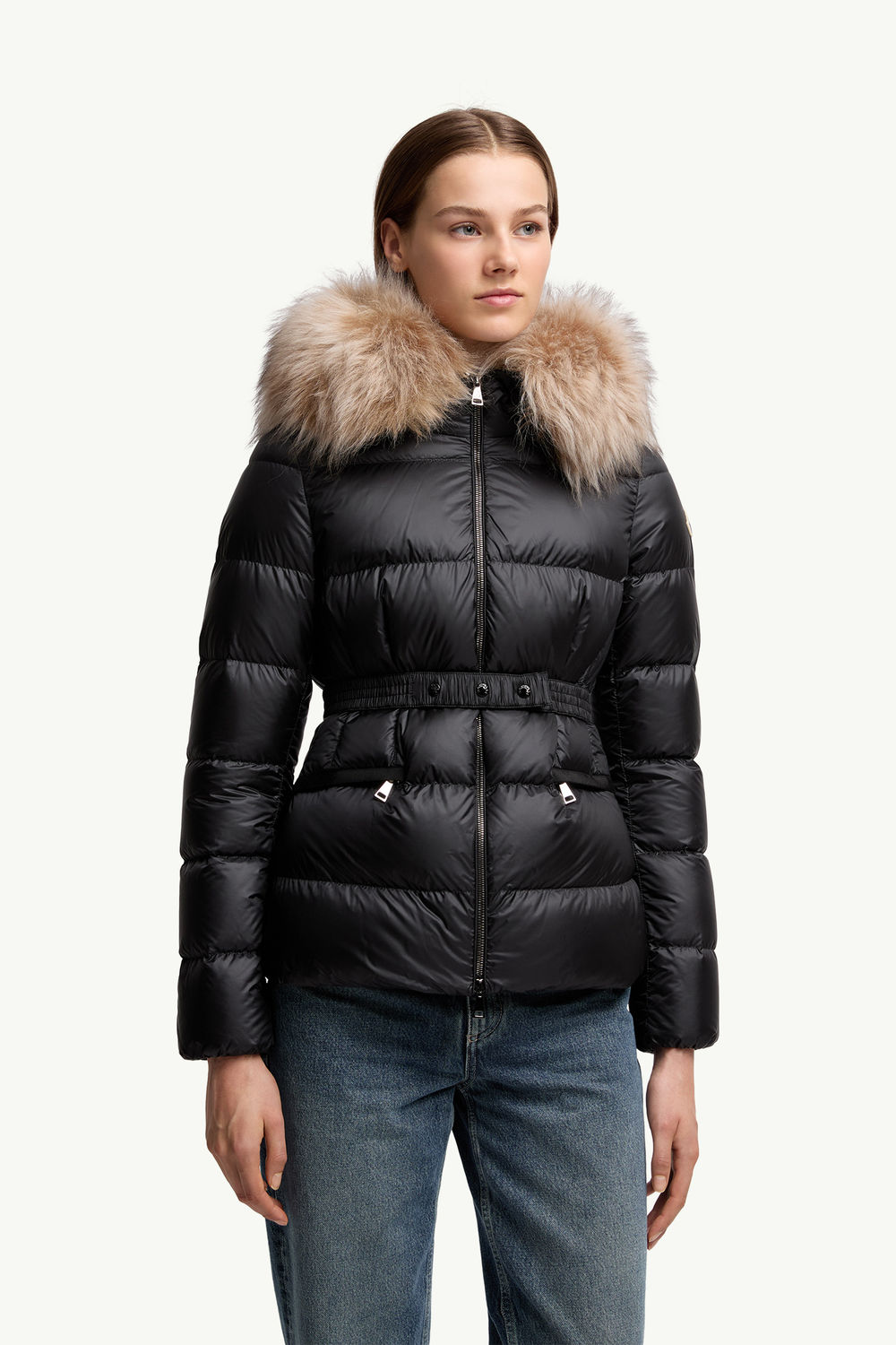 Boed Hooded Shearling-Trimmed Short Down Jacket Women Black & Beige Moncler 3
