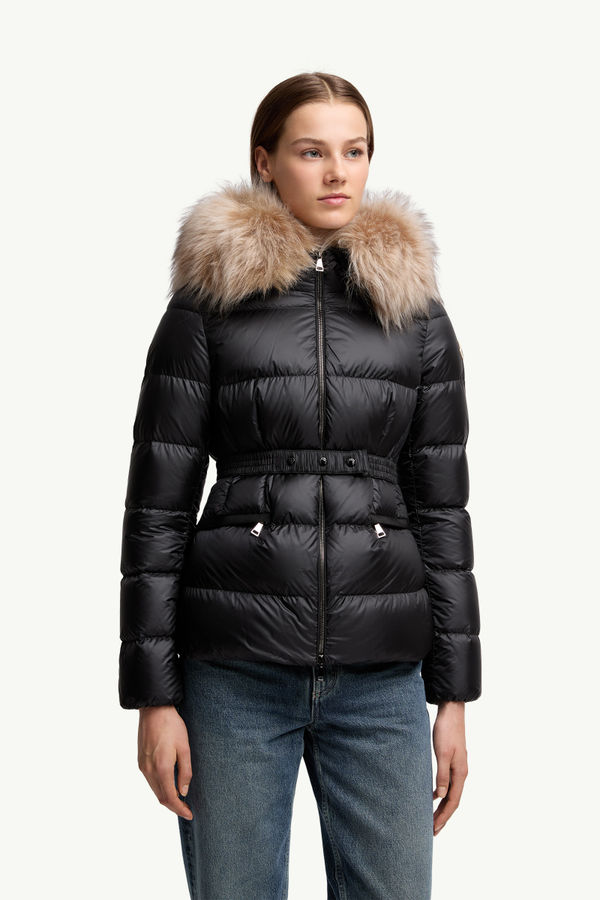Boed kurze Daunenjacke mit Kapuze und Shearling-Besatz Damen Schwarz & Beige Moncler 3