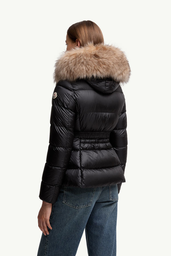 Boed kurze Daunenjacke mit Kapuze und Shearling-Besatz Damen Schwarz & Beige Moncler 4