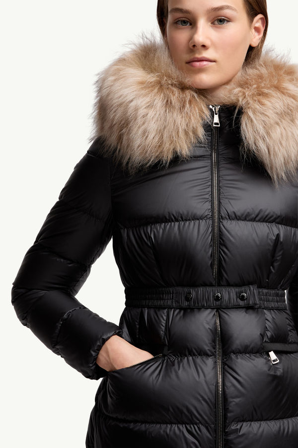 Boed kurze Daunenjacke mit Kapuze und Shearling-Besatz Damen Schwarz & Beige Moncler 6