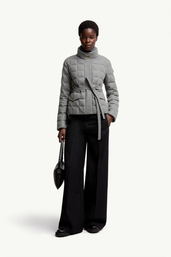 Bussettes Wool Blend Belted Short Down Jacket Women Gray Moncler 0