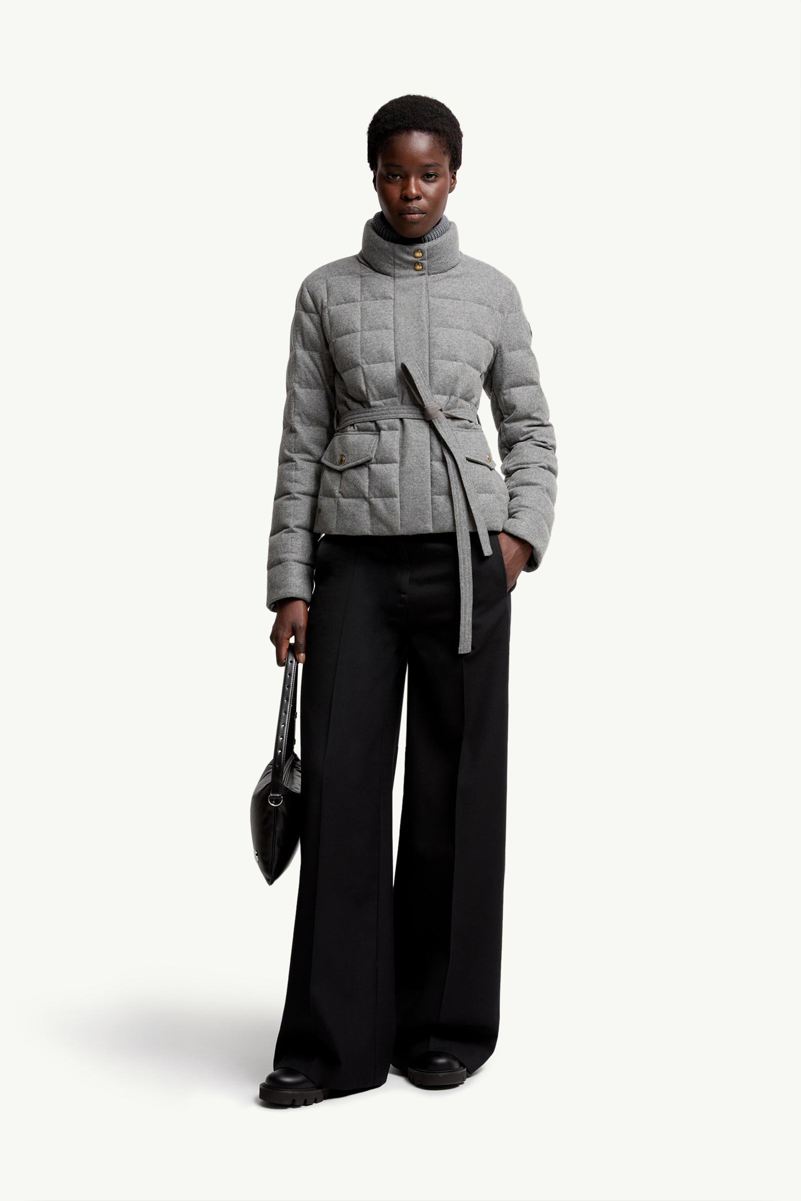 Bussettes Wool Blend Belted Short Down Jacket Women Gray Moncler 0