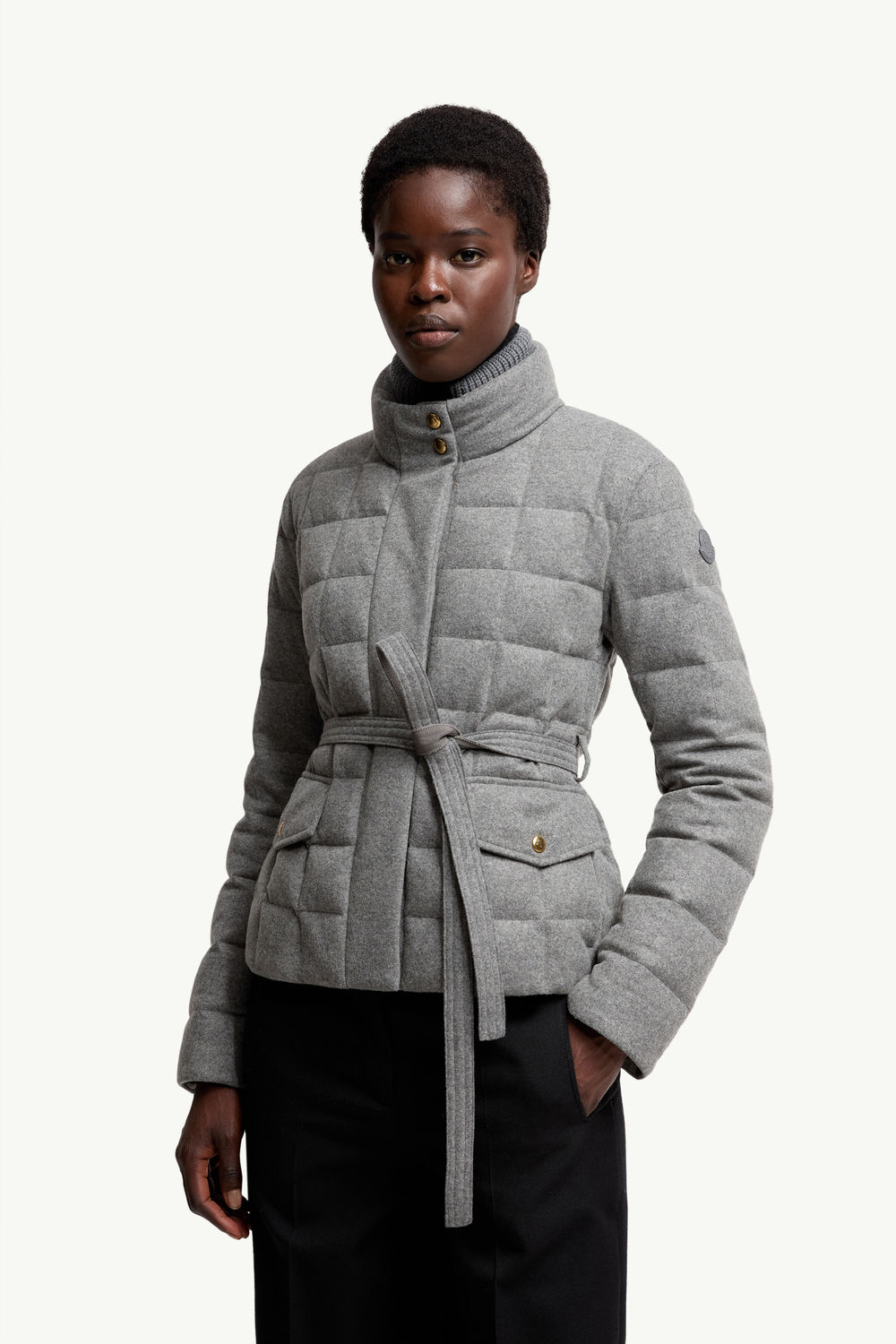 Bussettes Wool Blend Belted Short Down Jacket Women Gray Moncler 3