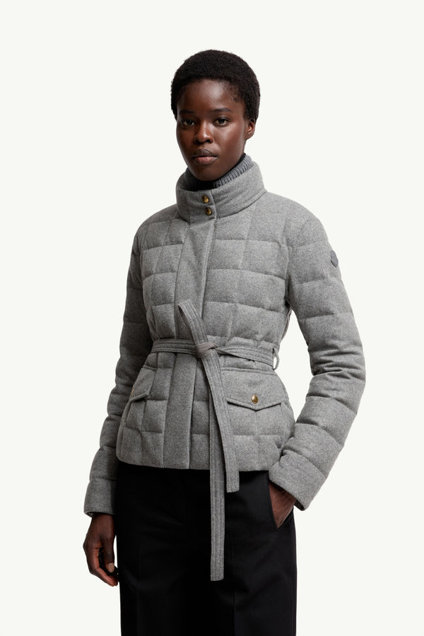 Bussettes Wool Blend Belted Short Down Jacket Women Gray Moncler 3