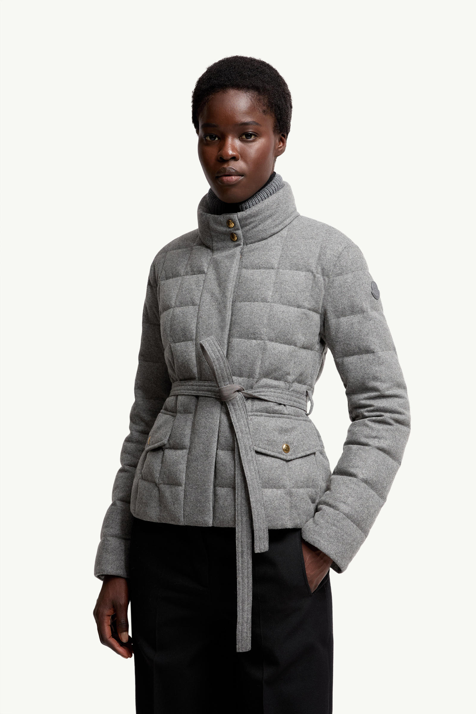 Bussettes Wool Blend Belted Short Down Jacket Women Gray Moncler 3