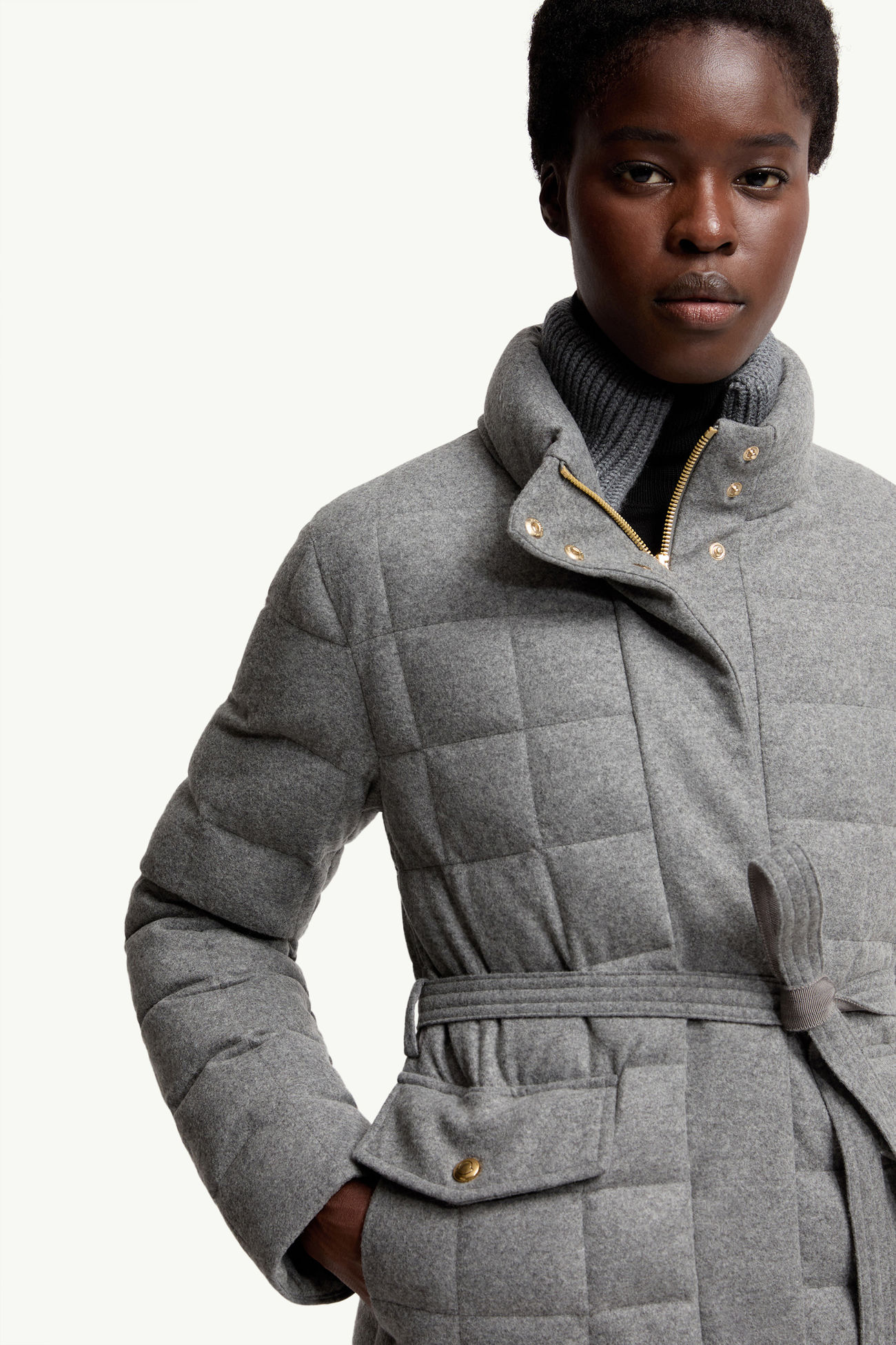 Bussettes Wool Blend Belted Short Down Jacket Women Gray Moncler 5