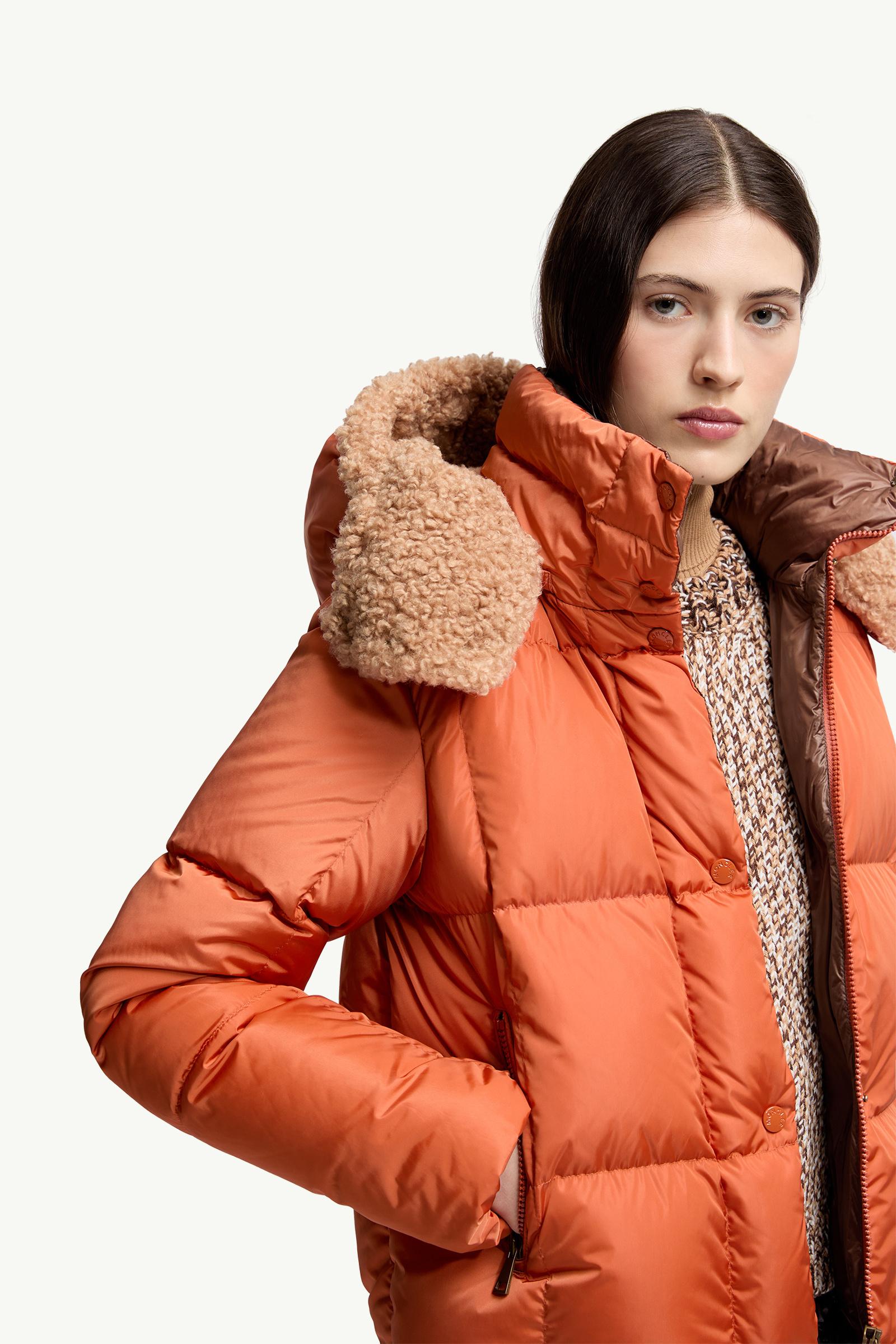 Dark Orange Castelnou Square-Quilted Hooded Short Down Jacket