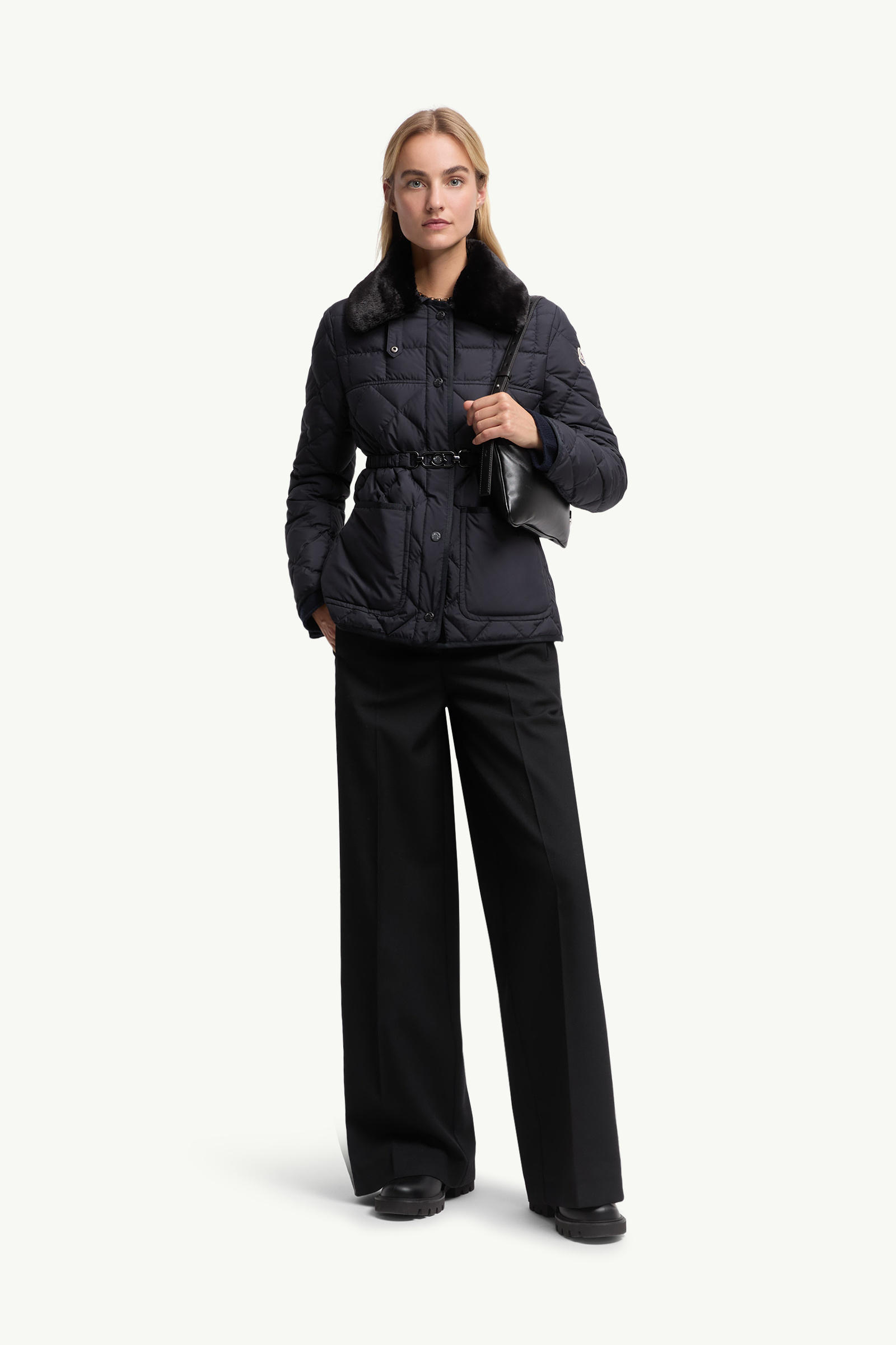Cygne Faux Fur-Trimmed Short Down Jacket Women Navy Blue Moncler 0