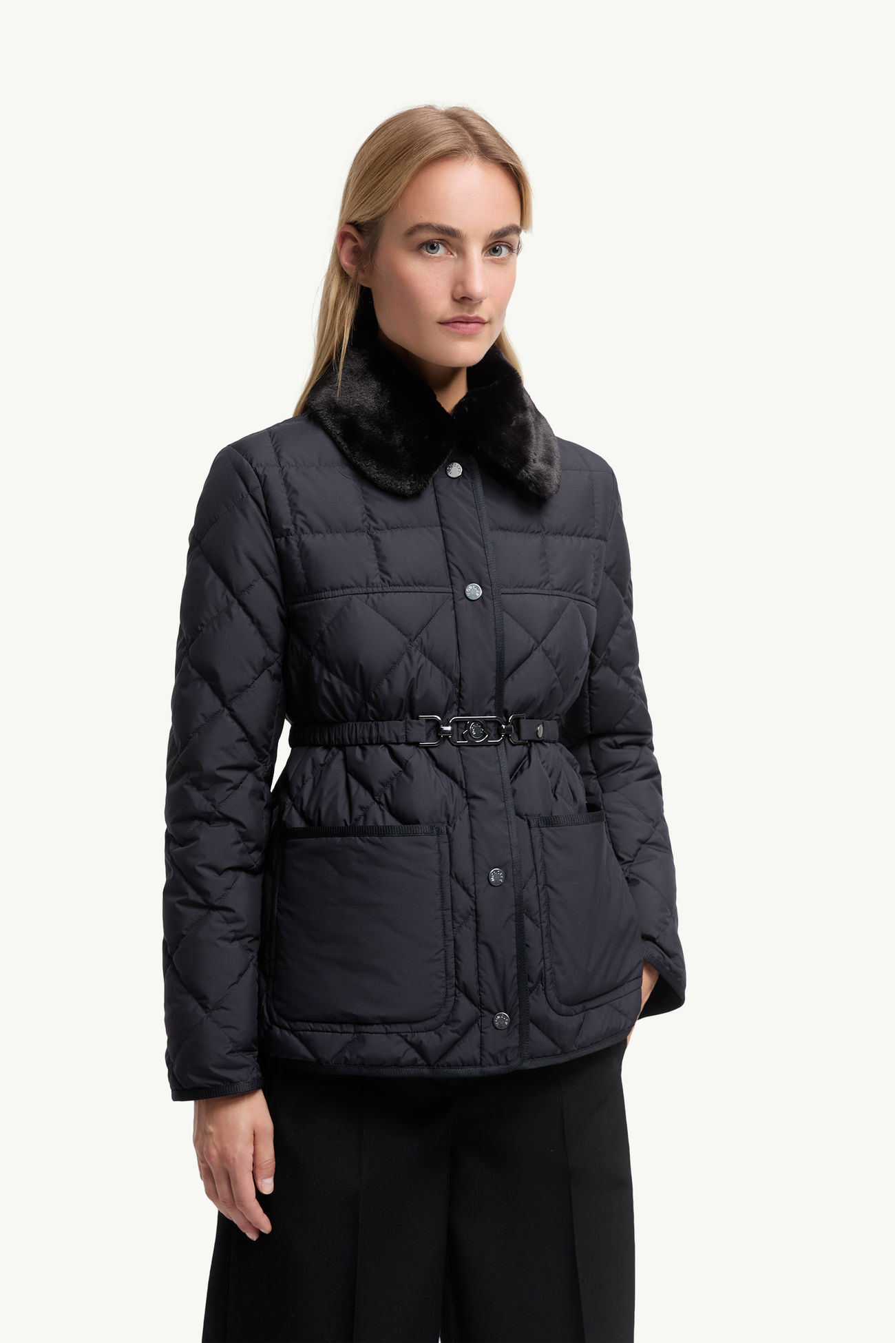 Cygne Faux Fur-Trimmed Short Down Jacket Women Navy Blue Moncler 3