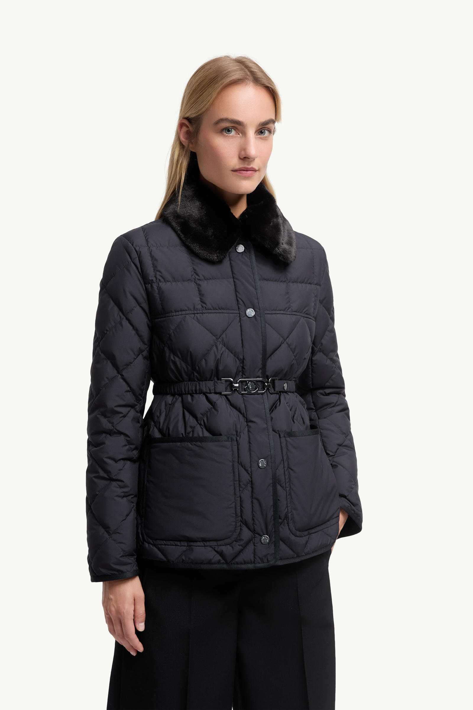 Cygne kurze Daunenjacke mit Kunstfellbesatz Damen Navyblau Moncler 3