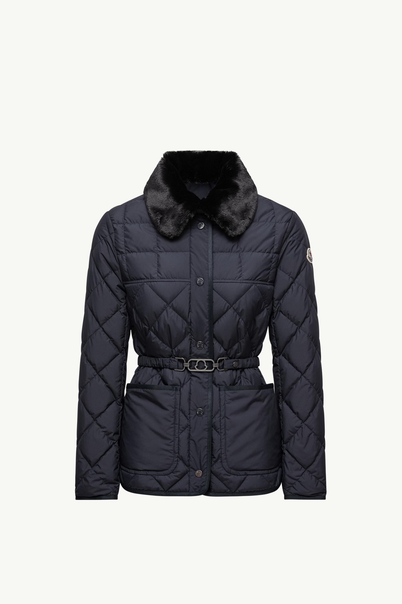 MONCLER希少: 紺色ショートダウンジャケット レース編み襟付き