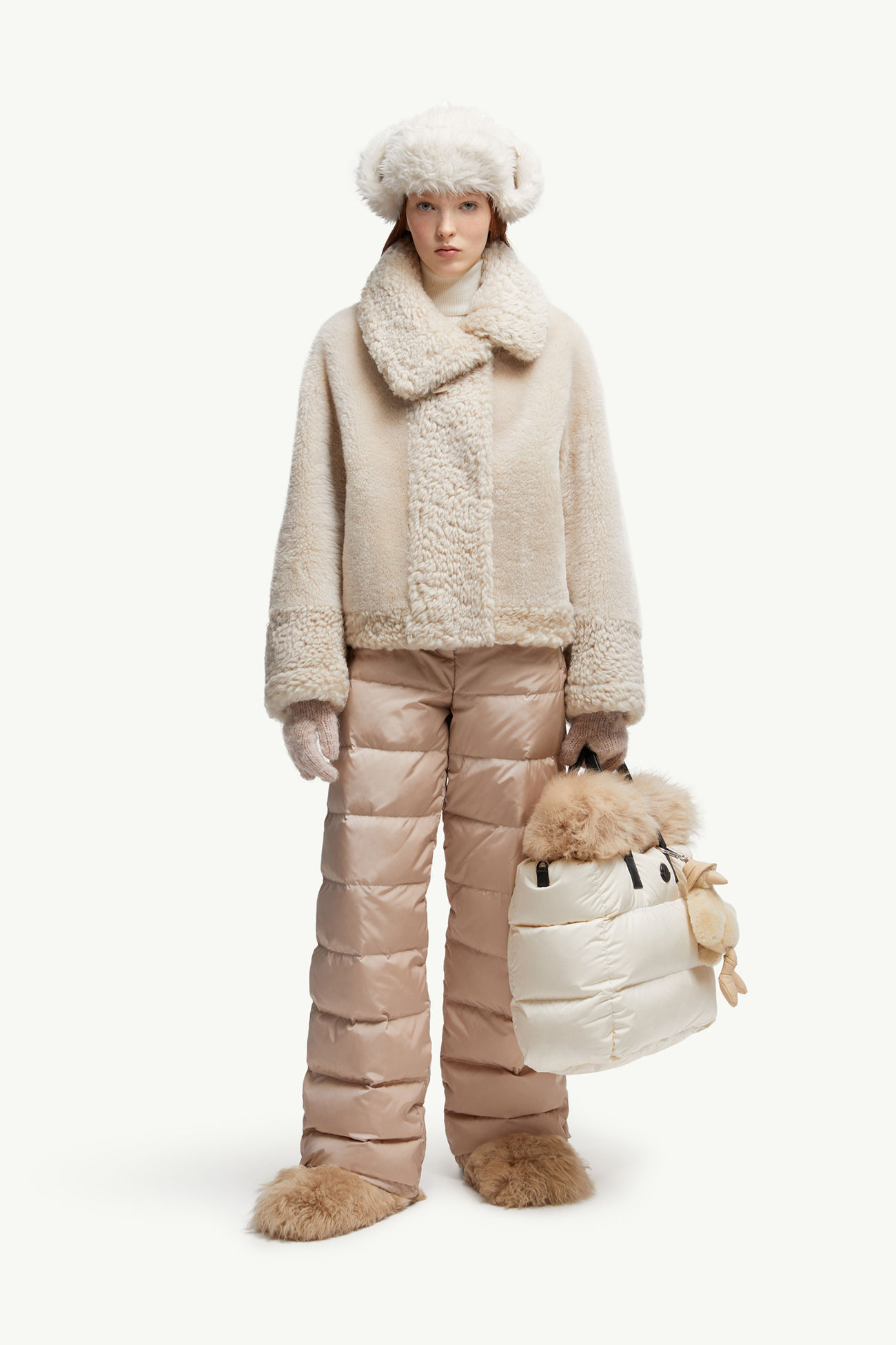 Gobain Shearling & Suede Short Down Jacket Women Beige Moncler 0