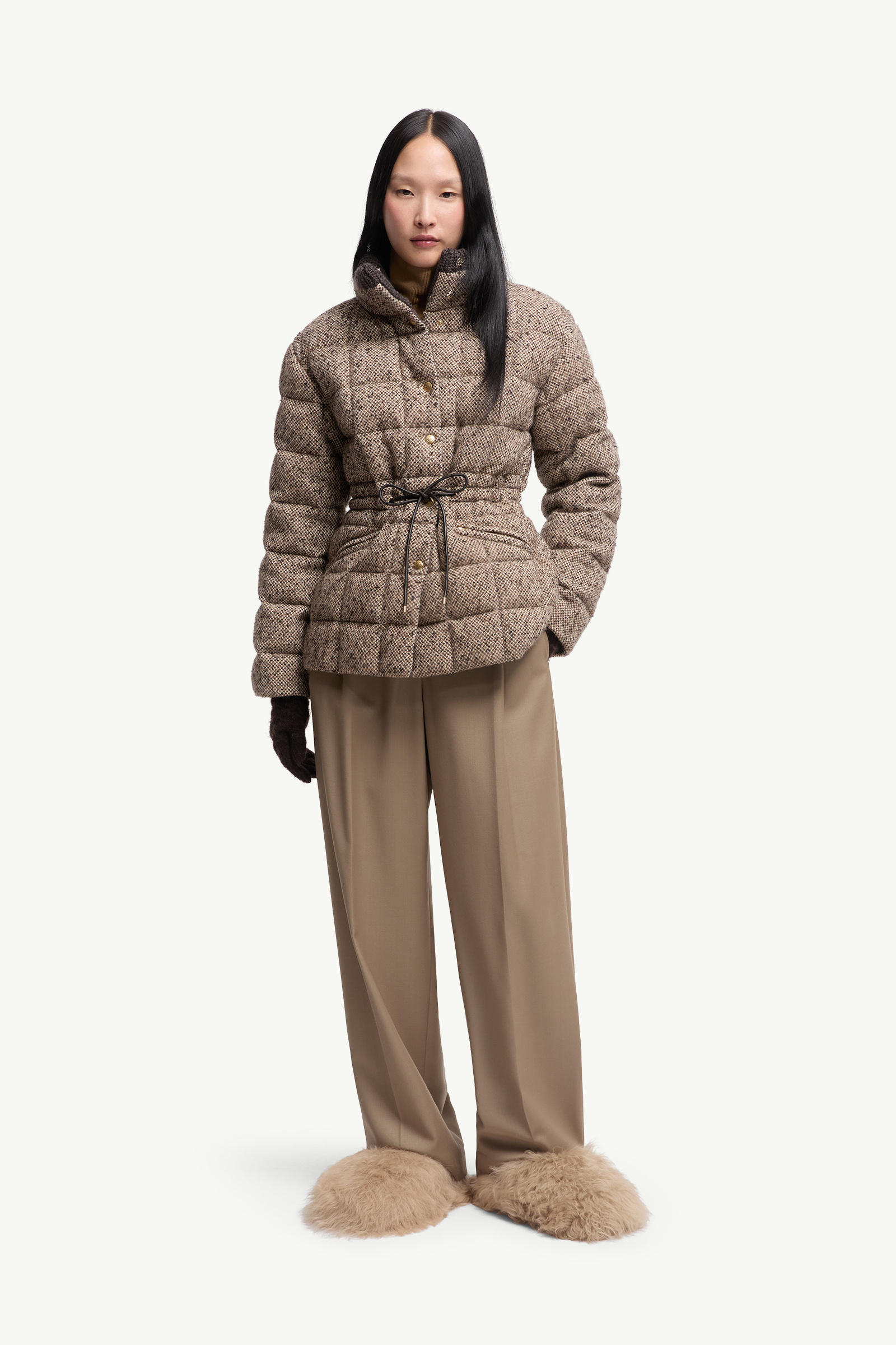 Piumino Corto Antigony in Misto Lana Donna Marrone Chiaro Moncler 0