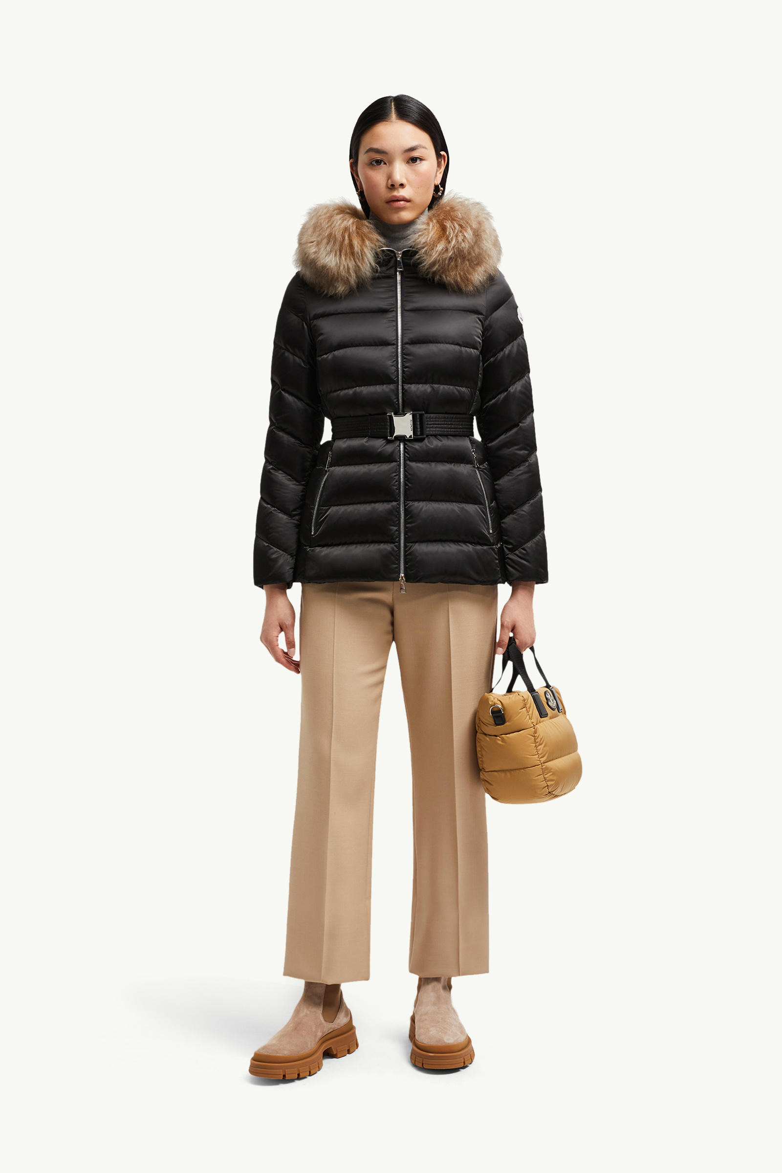 Cupidone Hooded Shearling-Trimmed Short Down Jacket Women Black & Beige Moncler 0