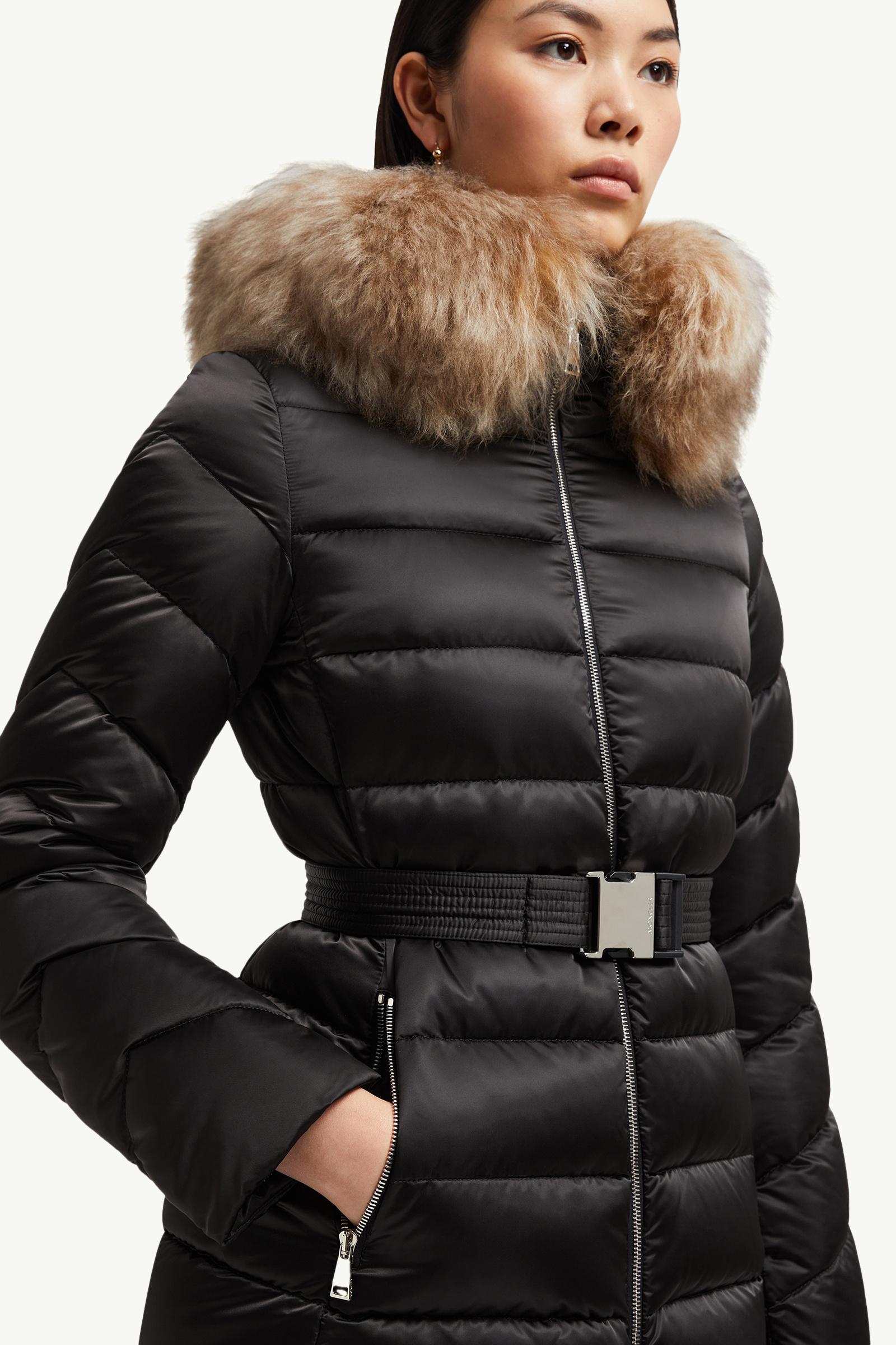 Black & Beige Cupidone Hooded Shearling-Trimmed Short Down Jacket