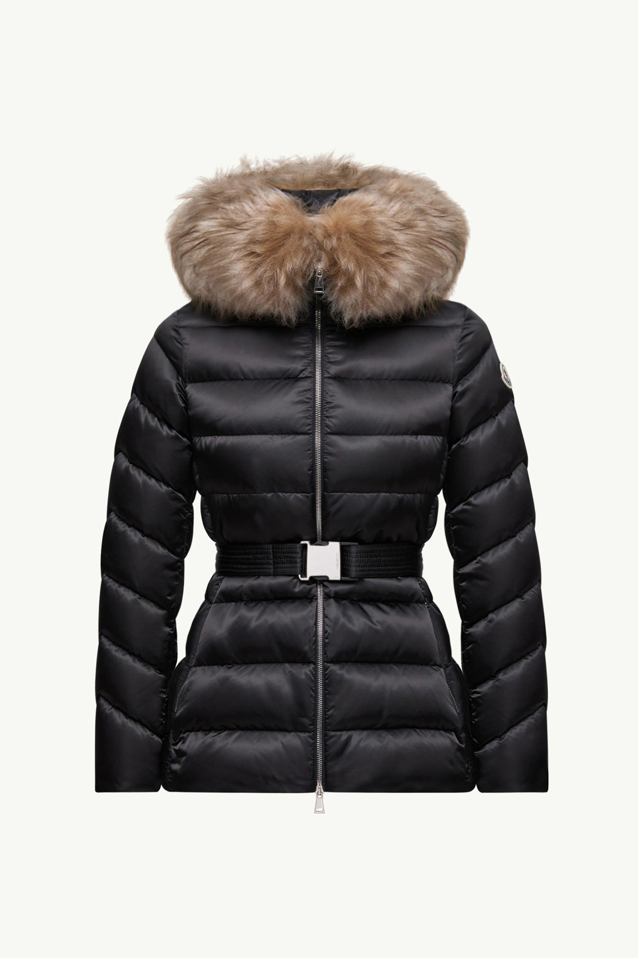 Cupidone kurze Daunenjacke mit Kapuze und Shearling-Besatz Damen Schwarz & Beige Moncler 2