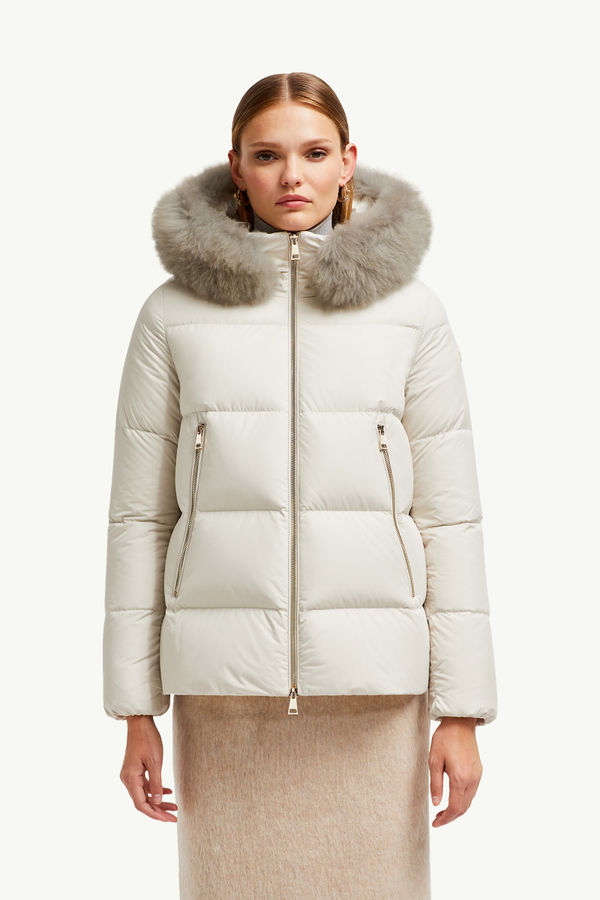 Laichefur Hooded Shearling-Trimmed Short Down Jacket Women White Moncler 3