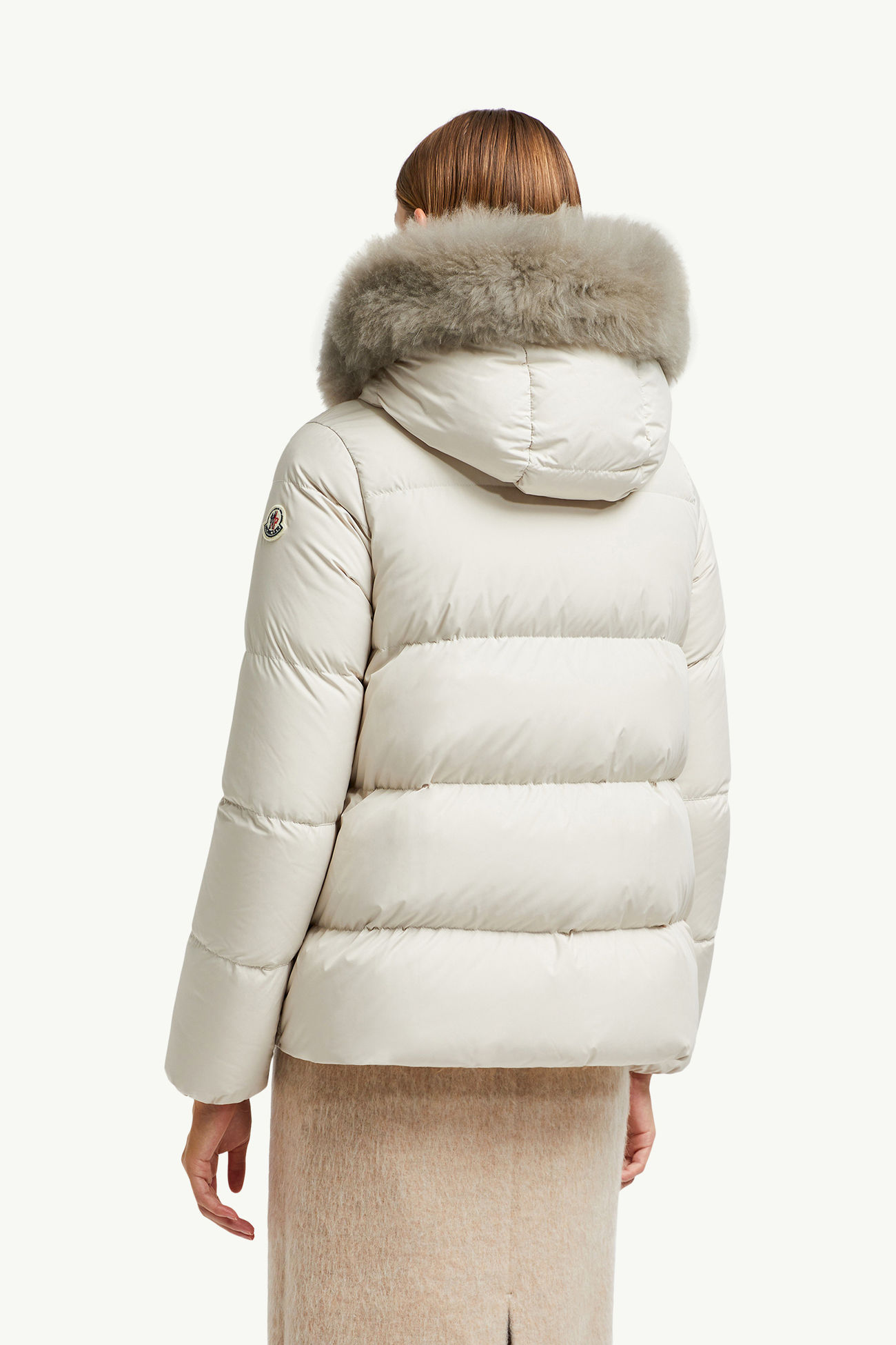 Laichefur kurze Daunenjacke mit Kapuze und Shearling-Besatz Damen Weiß Moncler 4