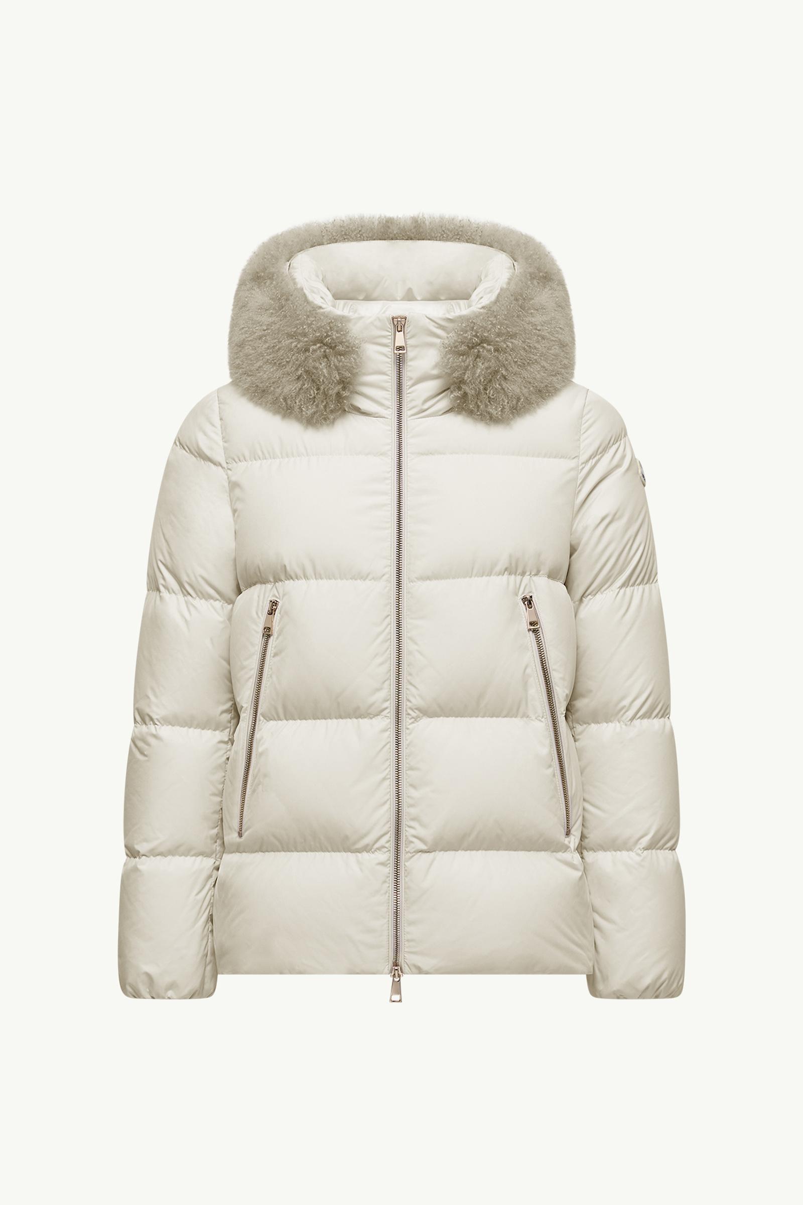White Laichefur Hooded Shearling-Trimmed Short Down Jacket