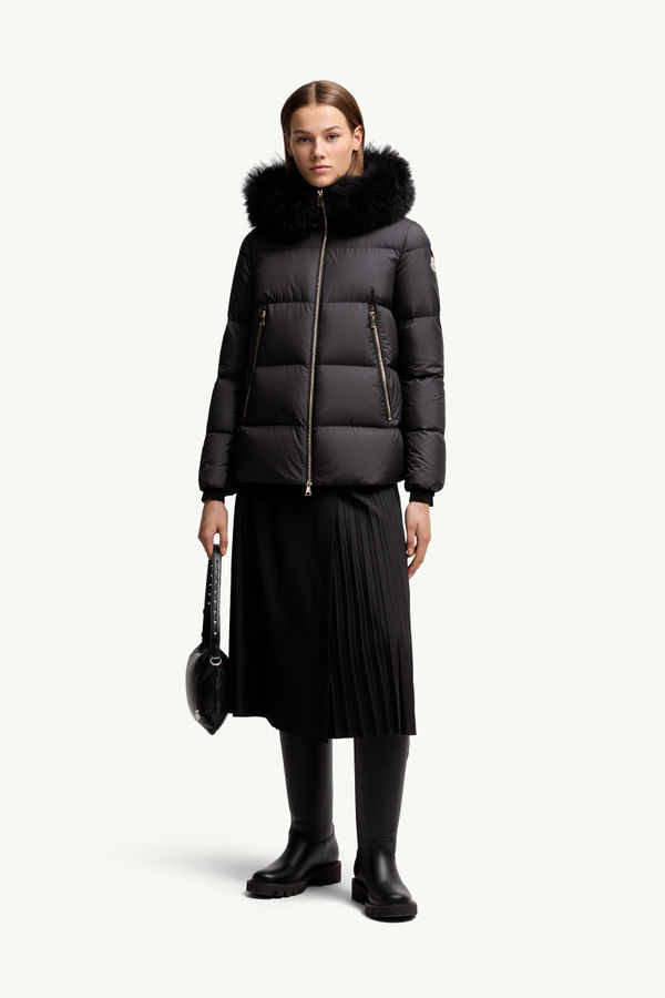 Laichefur Hooded Shearling-Trimmed Short Down Jacket Women Black Moncler 0