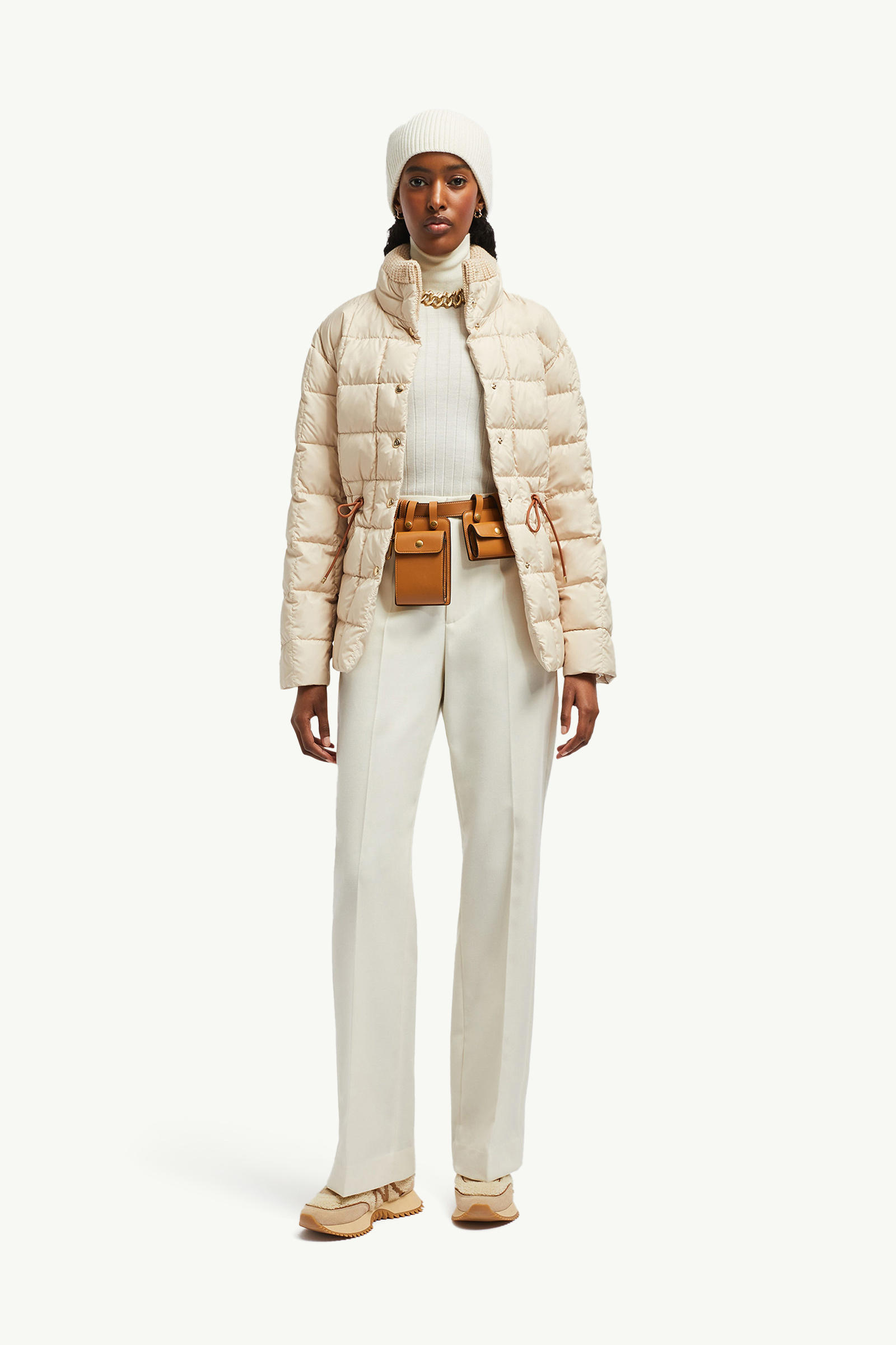 Antigone Leather-Trimmed Short Down Jacket Women Beige Moncler 0
