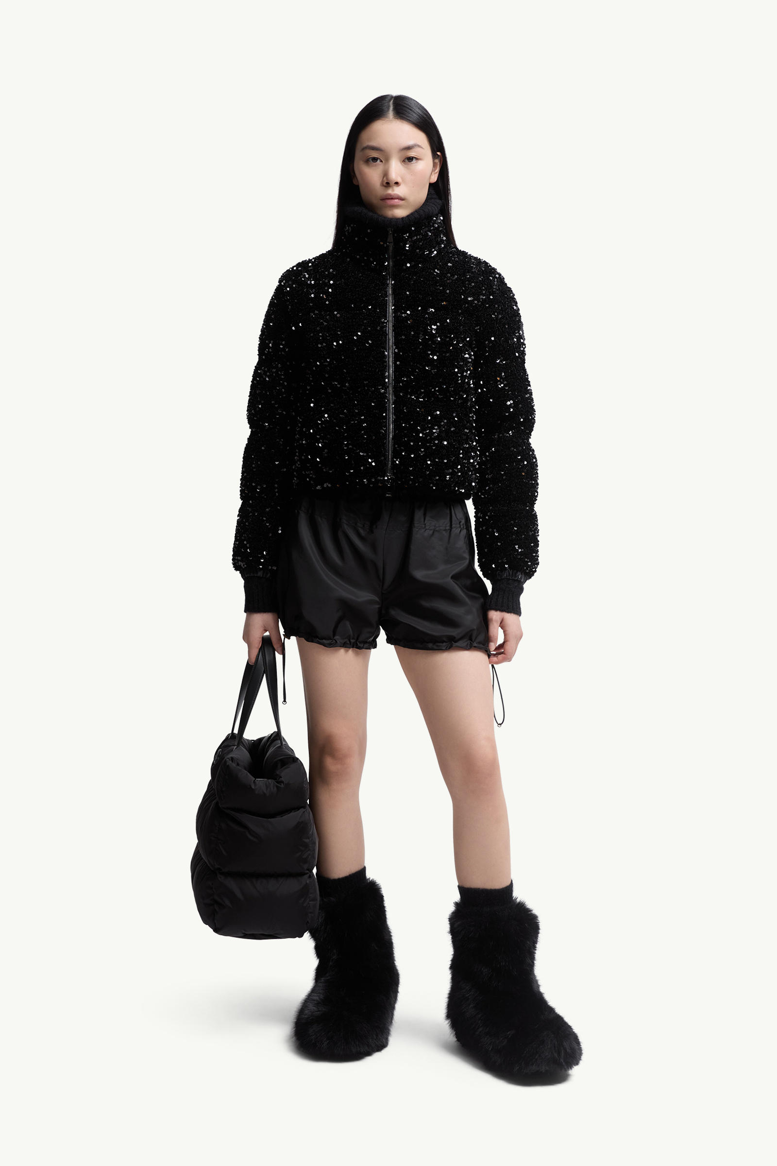 Louvi Sequin-Embroidered Short Down Jacket Women Black Moncler 0