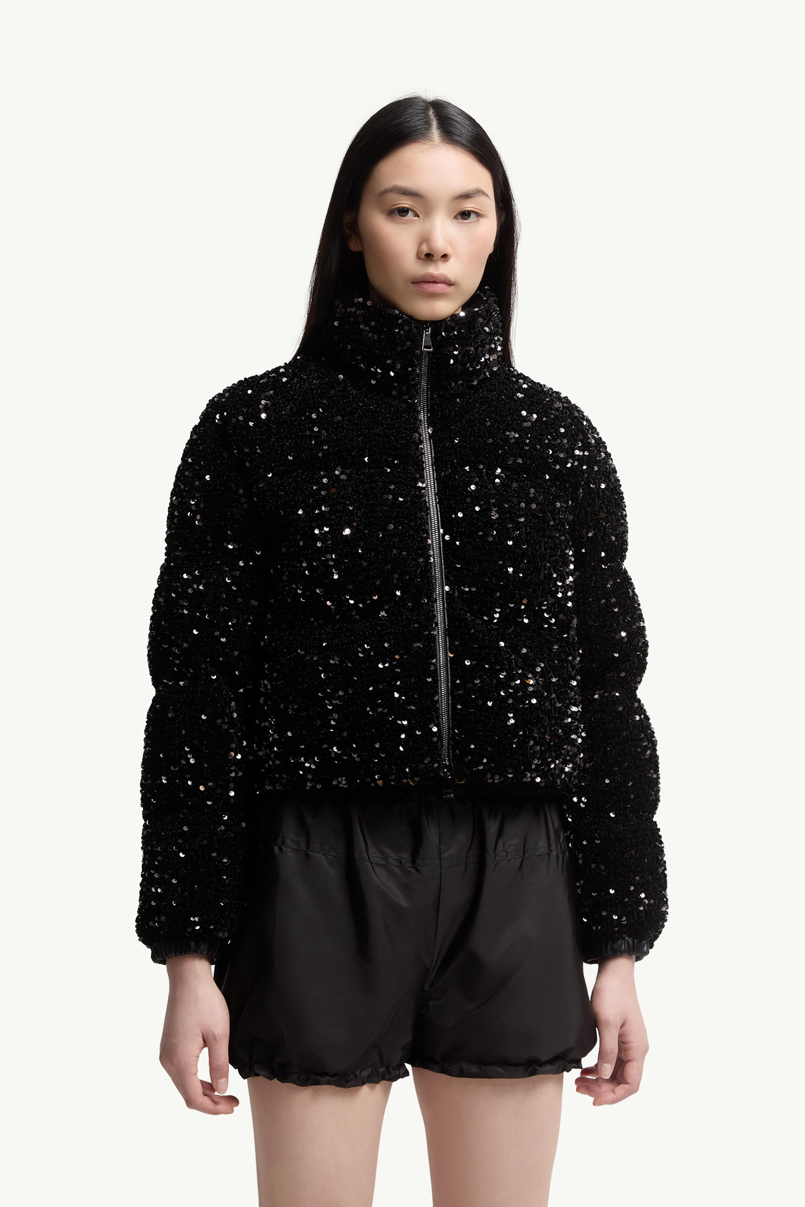 Louvi Sequin-Embroidered Short Down Jacket Women Black Moncler 3