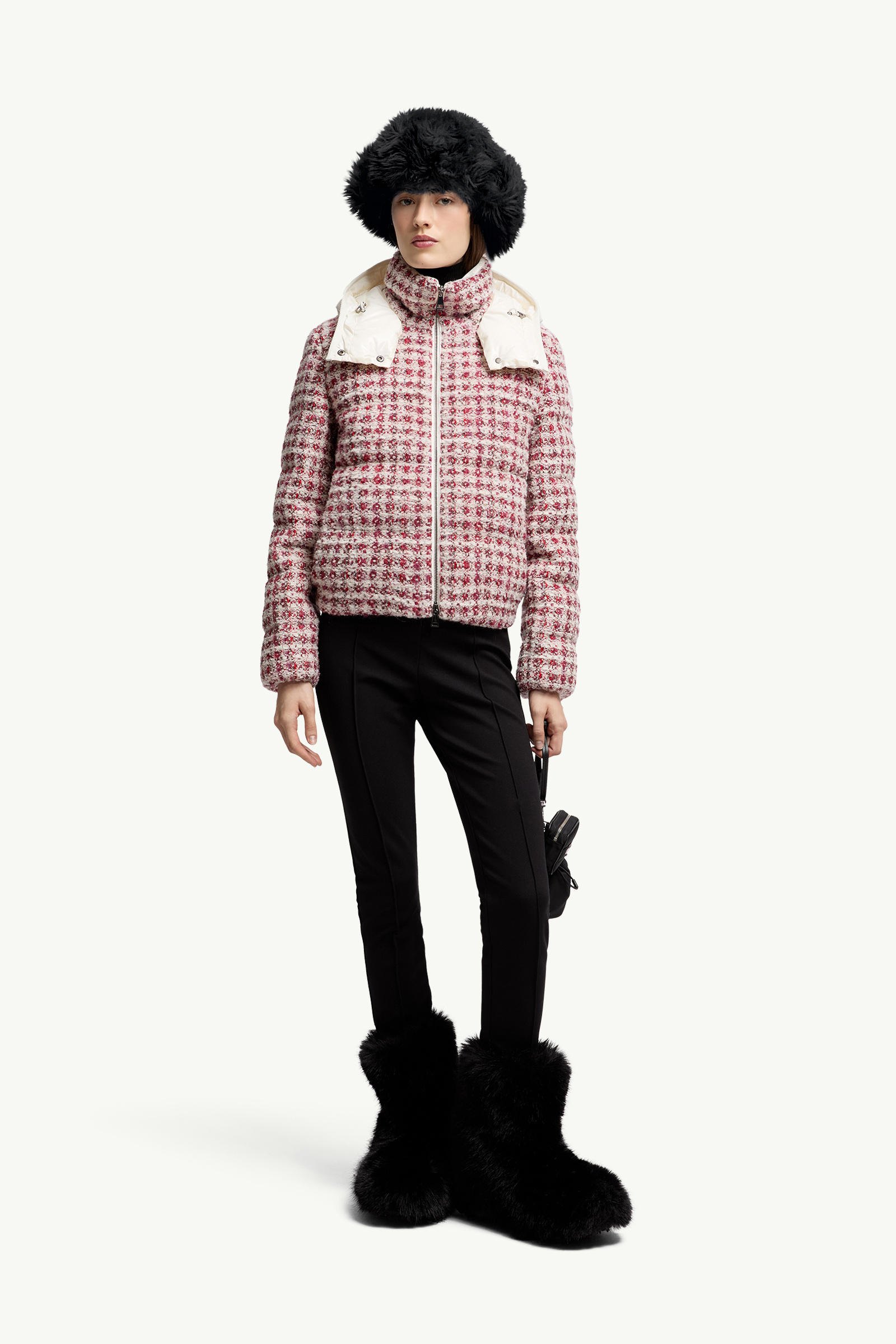 Andronne Tweed Hooded Short Down Jacket Women White & Red Moncler 0