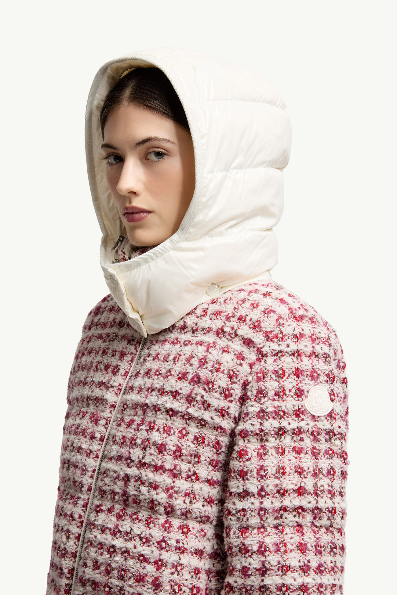 Andronne Tweed Hooded Short Down Jacket Women White & Red Moncler 1