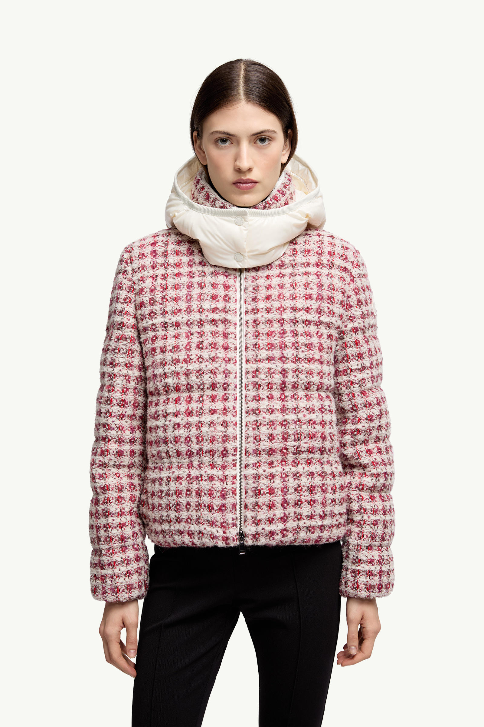 Andronne Tweed Hooded Short Down Jacket Women White & Red Moncler 3